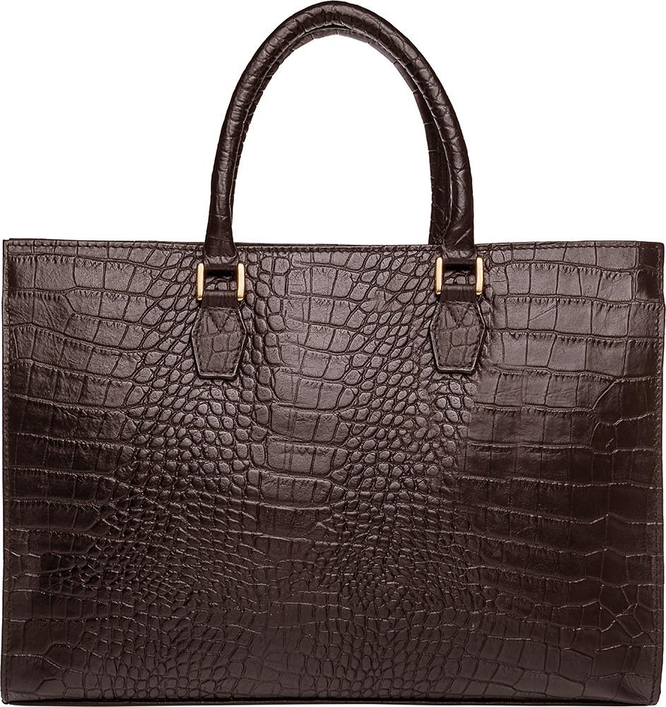 The Kester Elegant Womens Leather Work Bag by Hidesign is a dark brown crocodile-patterned handbag featuring two handles and gold-tone hardware.