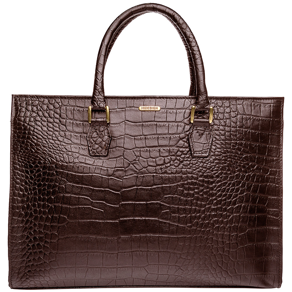 The Hidesign Kester Womens Work Bag is a structured brown leather handbag featuring a crocodile pattern and two handles.