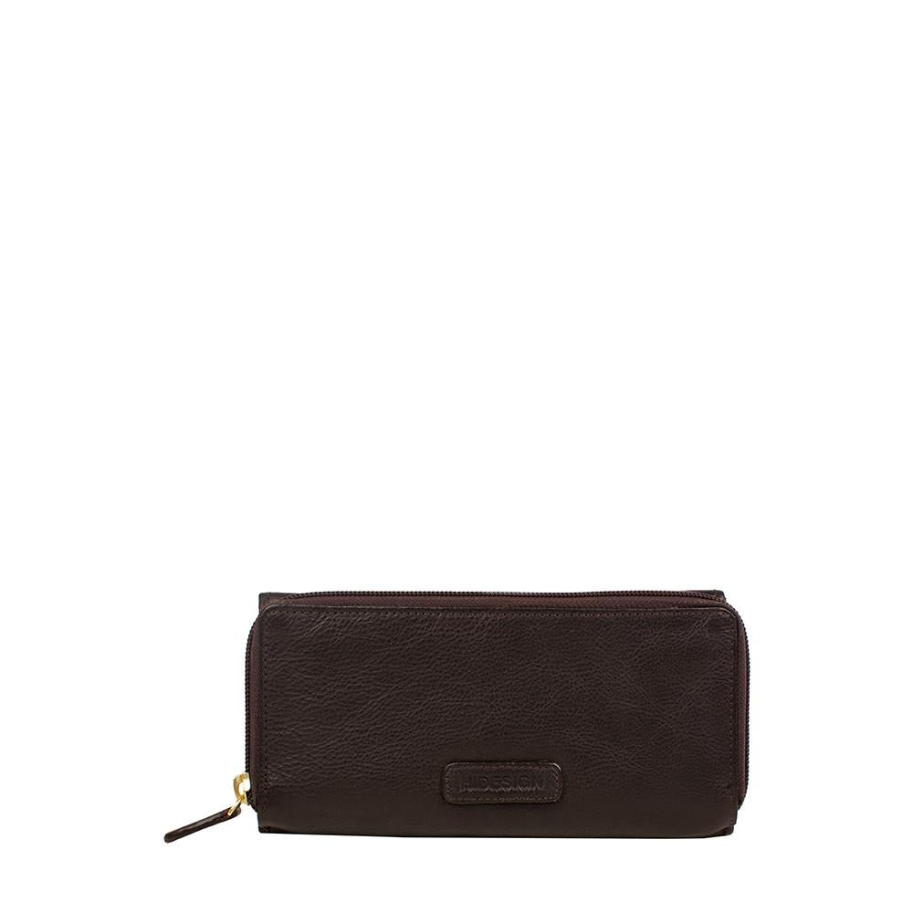 The Mina RFID Blocking Trifold Leather Wallet by Hidesign is a dark brown accessory featuring a textured strap on the front and a zippered compartment at the bottom.