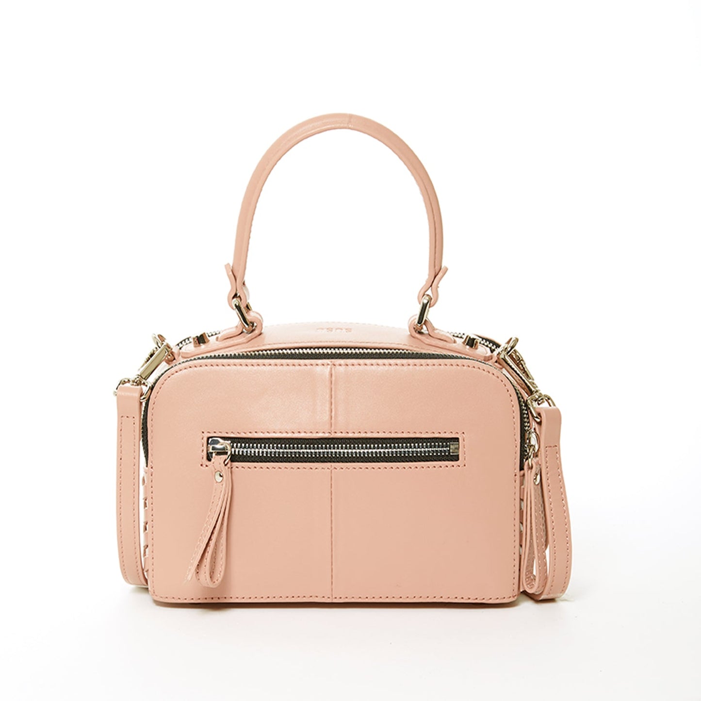 The SUSU Kayla Pink Woven Leather Bag features a textured front pattern, top handles, and a detachable shoulder strap.