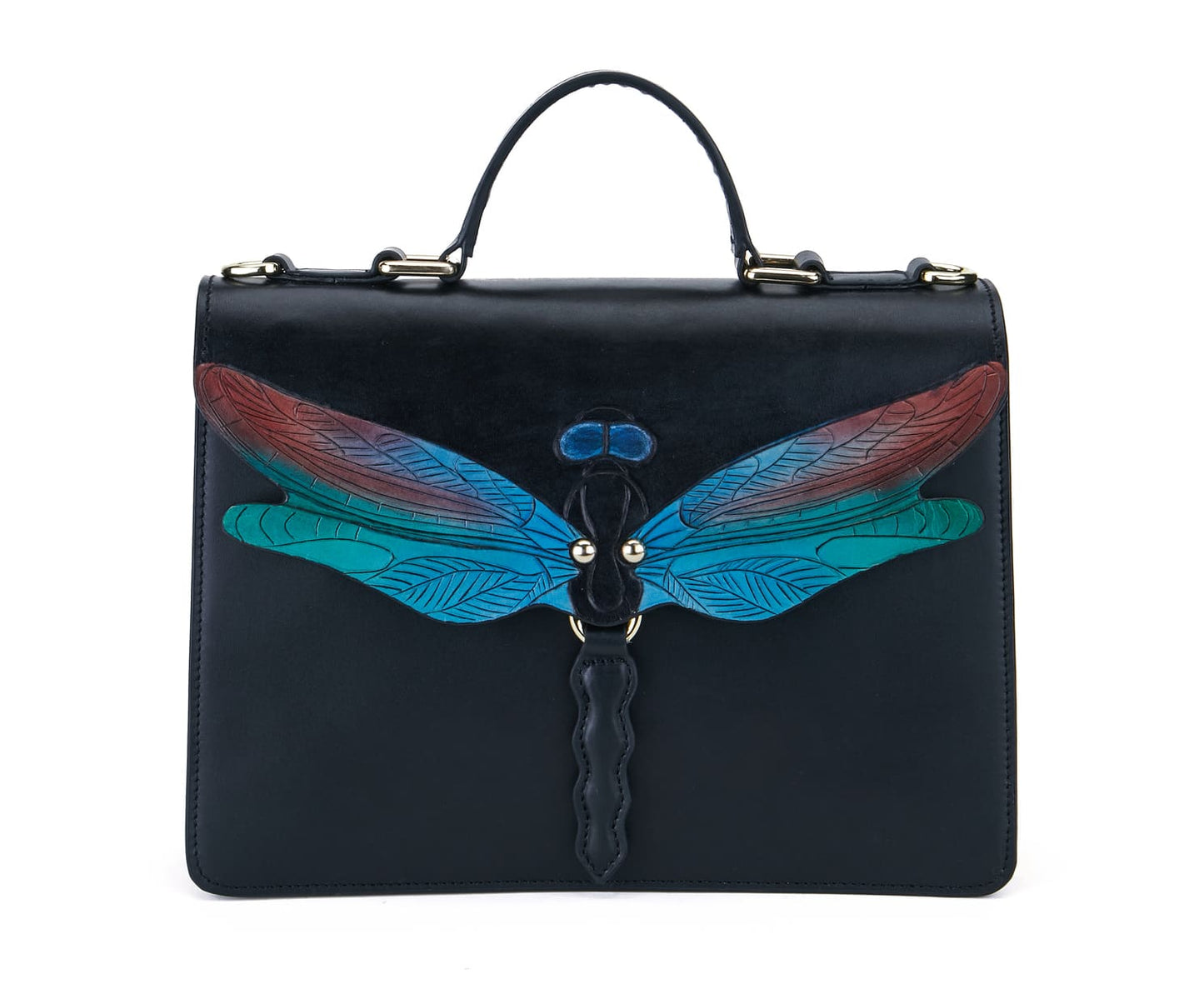 The Bellorita Dragonfly Black Top Handle features a vibrant dragonfly design on the front, adorned with red and teal wings.