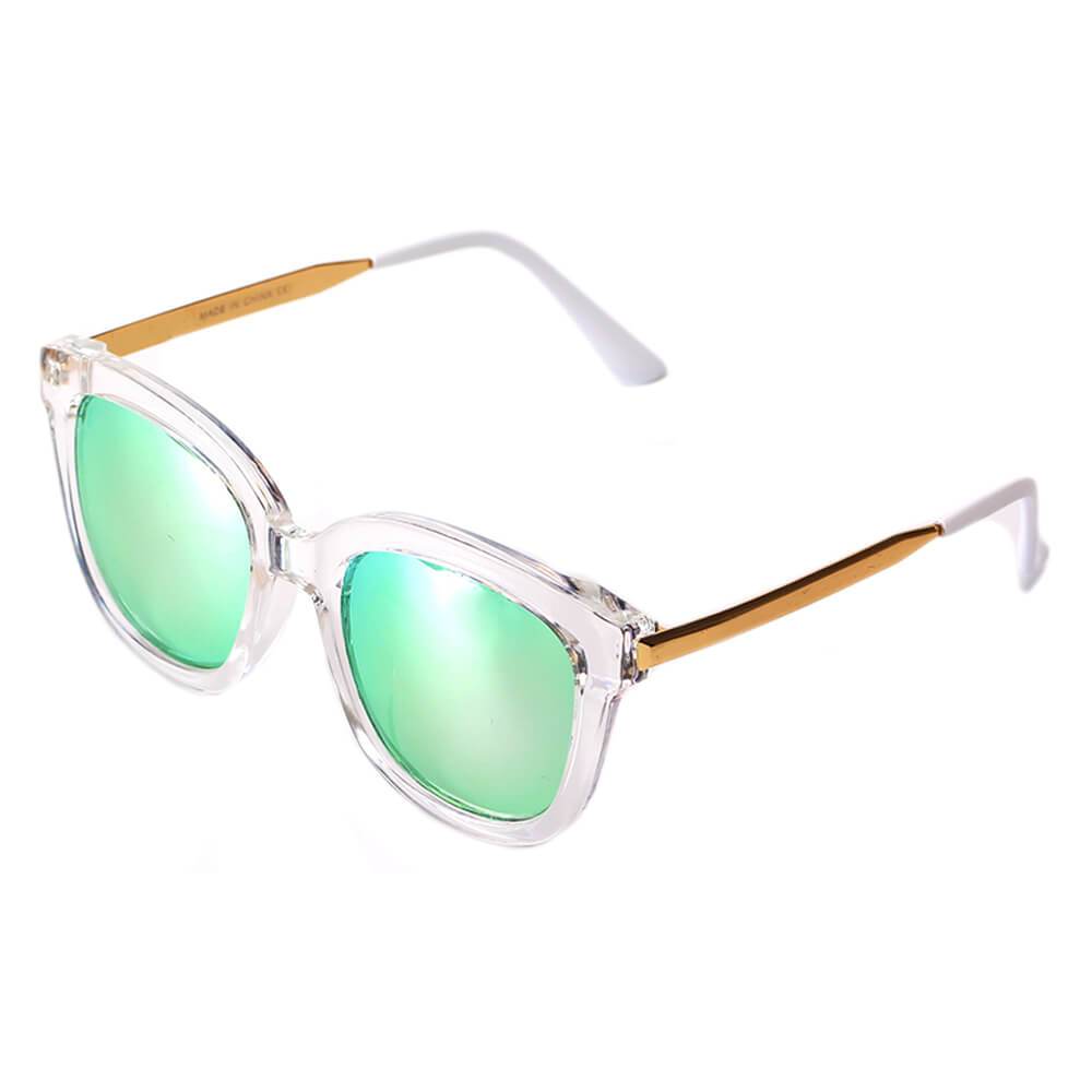 The DEKALB Womens Oversize sunglasses by Cramilo Eyewear feature floral rims, thin gold arms, and silver mirrored lenses.