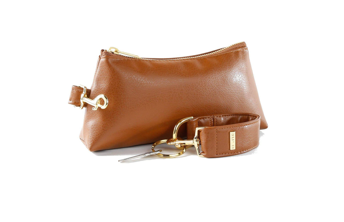 Saddle Brown Vegan Leather 2-Piece Wristlet Set by KEYPER, featuring a detachable matching strap and gold hardware, set against a white background.