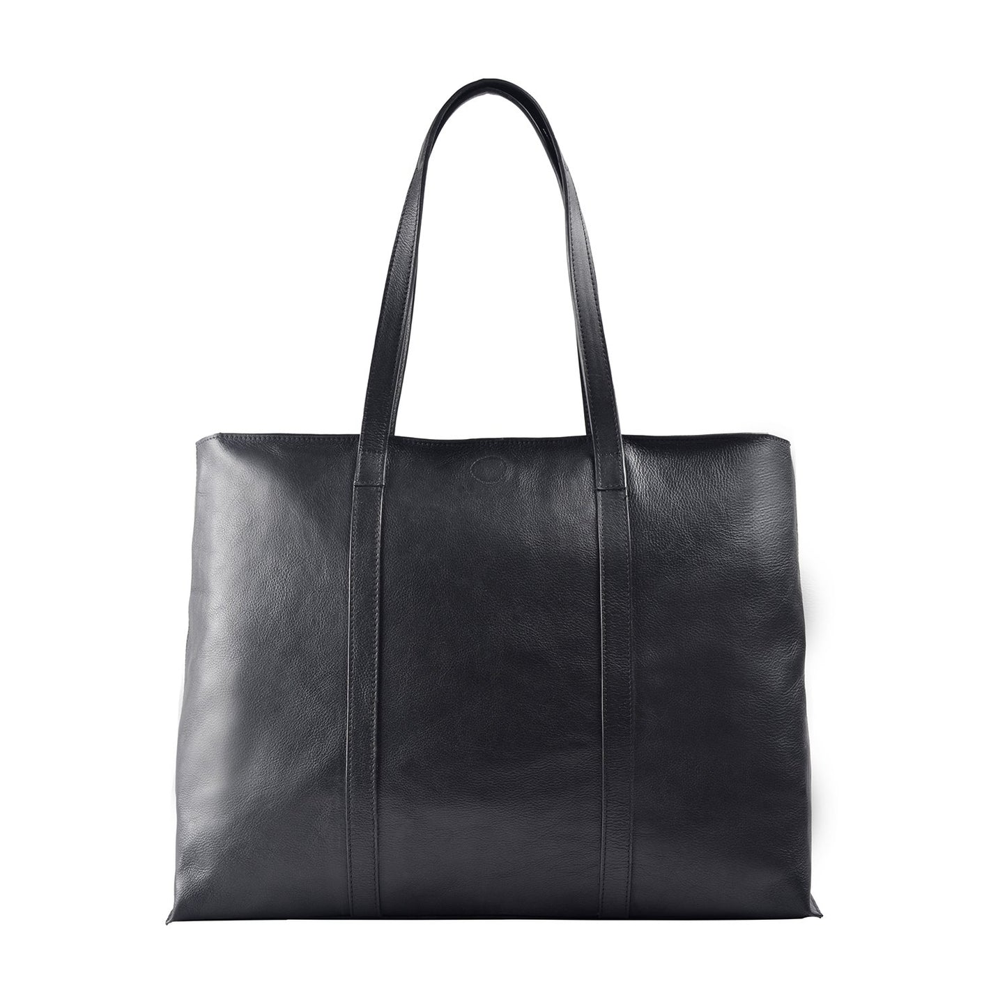 The Nancy Large Leather Tote by Hidesign is a sleek black leather bag with two handles.