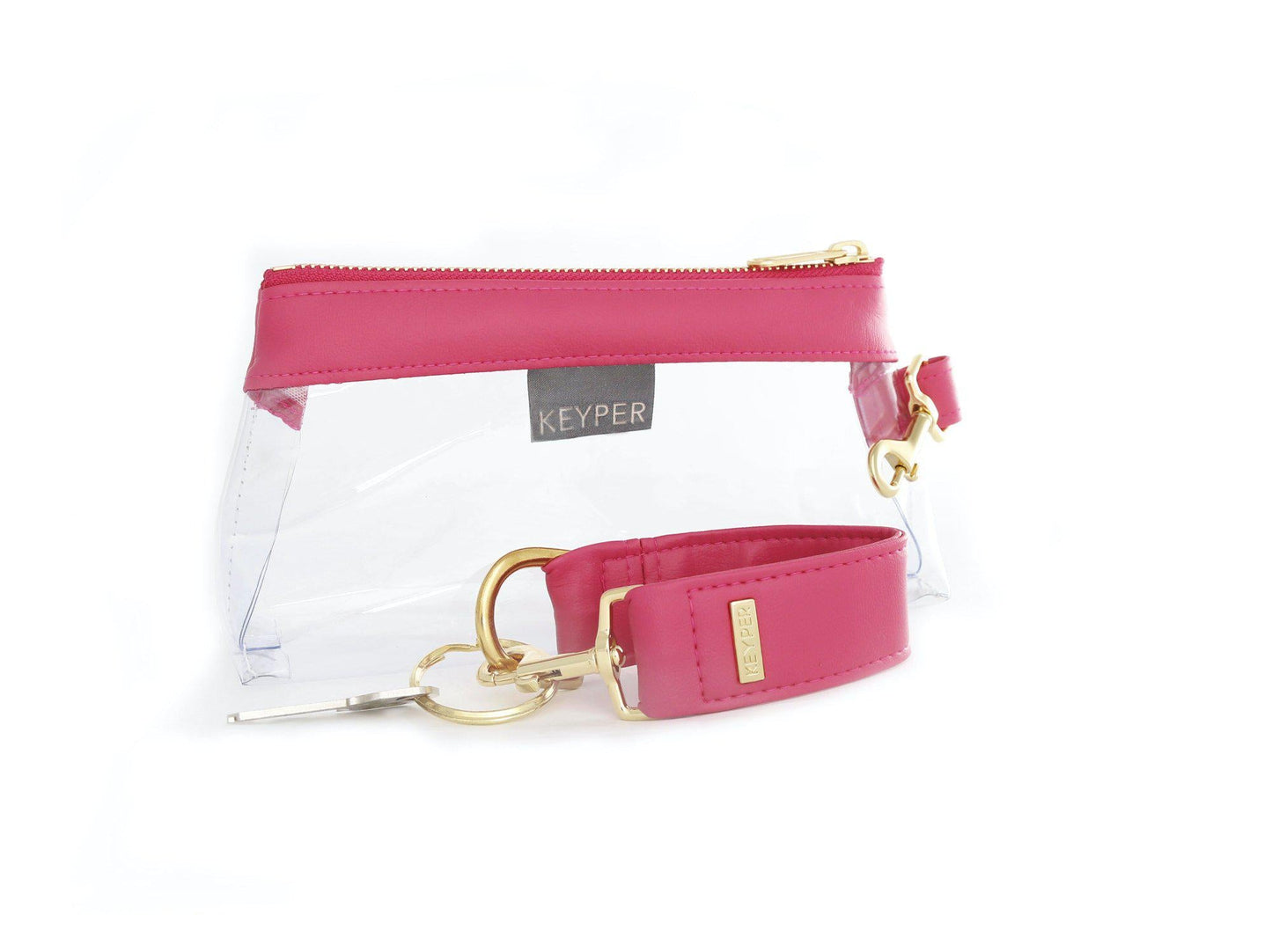 The KEYPER Bright Pink Vegan Leather 2-Piece WRISTLET SET includes a small pink pouch with a zipper, gold clasp, an attached pink strap, and a set of keys.