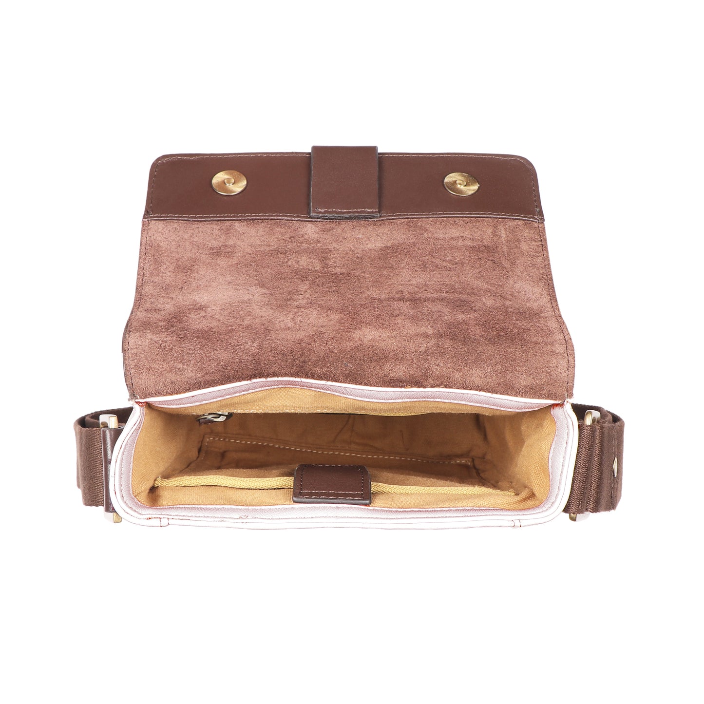 The Aiden Genuine Leather Mini Crossbody by Hidesign is a brown leather shoulder bag featuring a flap cover and an adjustable fabric strap with a brass buckle.