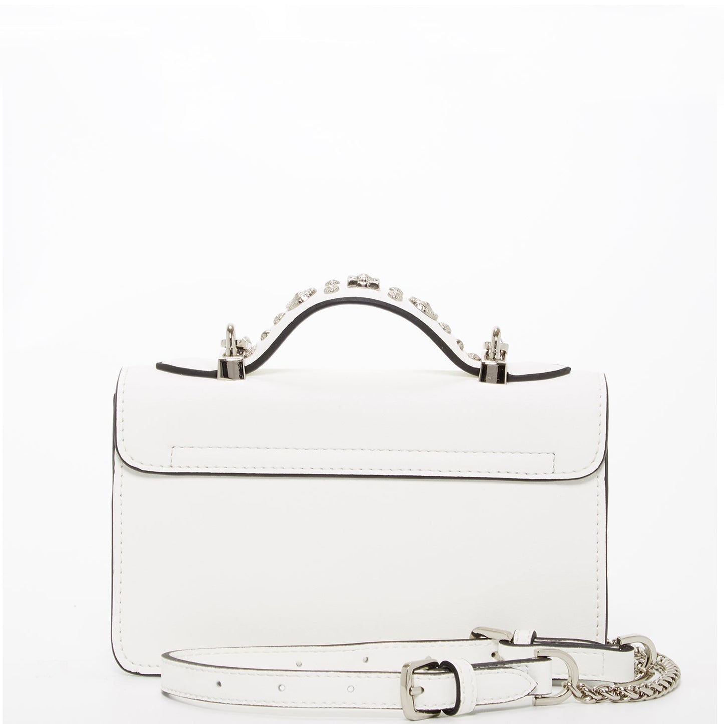 The Hollywood White Leather Crossbody Bag by SUSU features silver stud embellishments, a chain strap, a top handle, and a front clasp with the SUSU brand name.