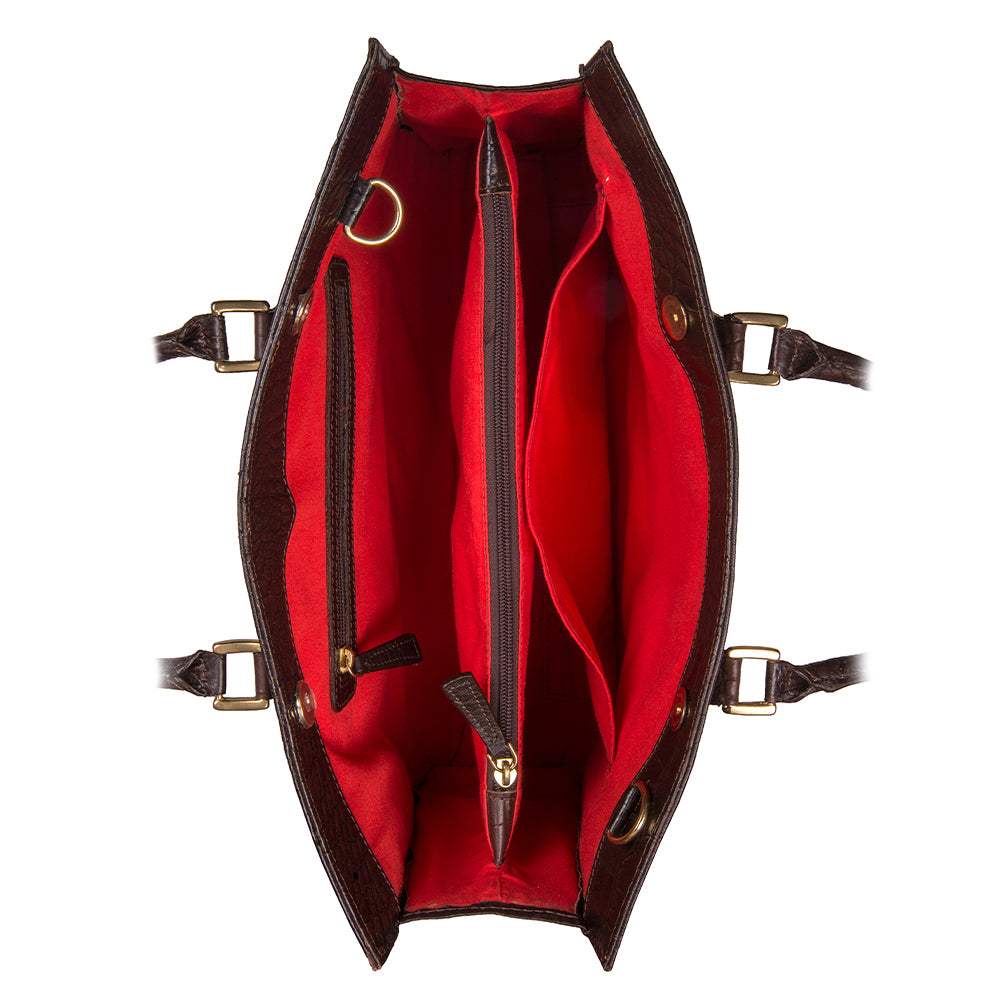 The Hidesign Kester Womens Work Bag is a structured brown leather handbag featuring a crocodile pattern and two handles.