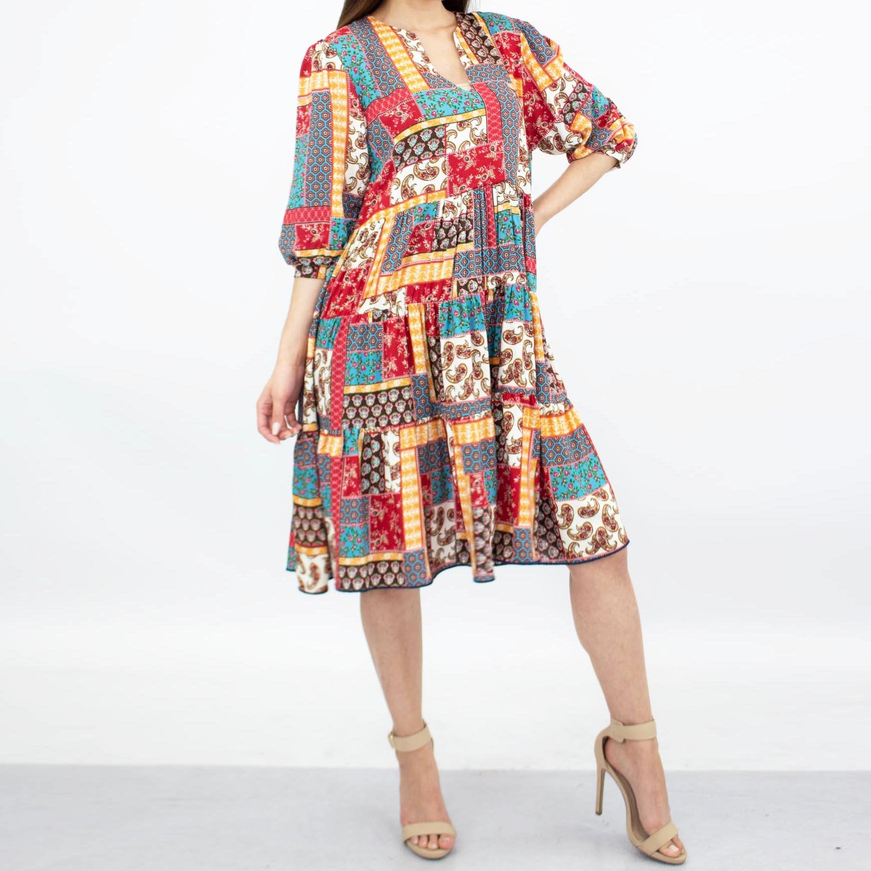 Flare Bottom 3/4 Sleeve Dress - Red Flare Bottom 3/4 Sleeve Dress - Red