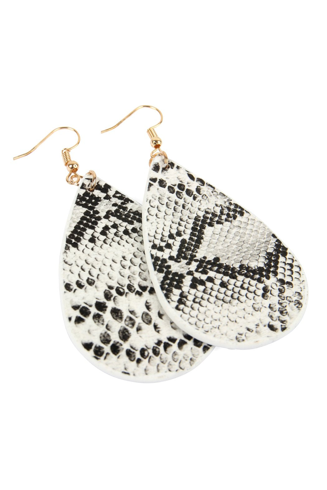 Four pairs of Riah Fashion Snake Skin Teardrop Leather Earrings in brown, beige, white, and black are displayed on a marble surface.