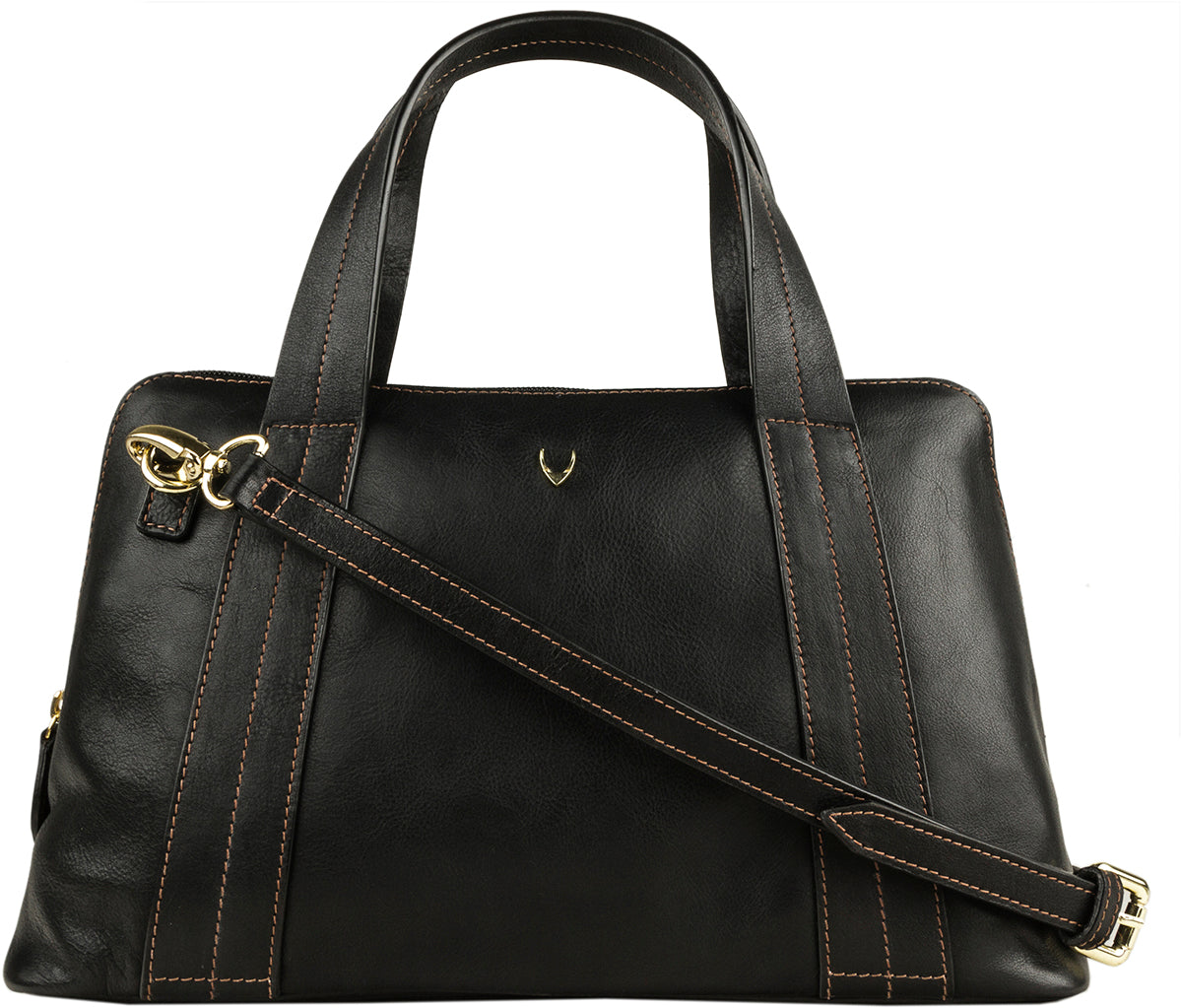 The Hidesign Cerys Leather Satchel is a black handbag with brown stitching, gold hardware, two handles, and an adjustable shoulder strap.