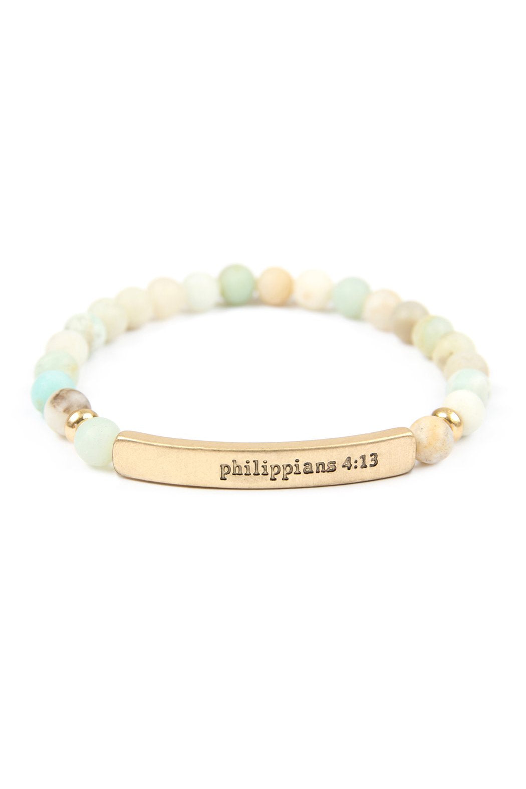 The Philippians 4:13 Natural Stone Stretch Bracelet by Riah Fashion features marble-like beads and a gold-tone bar engraved with Philippians 4:13. Color: Gold Gray.