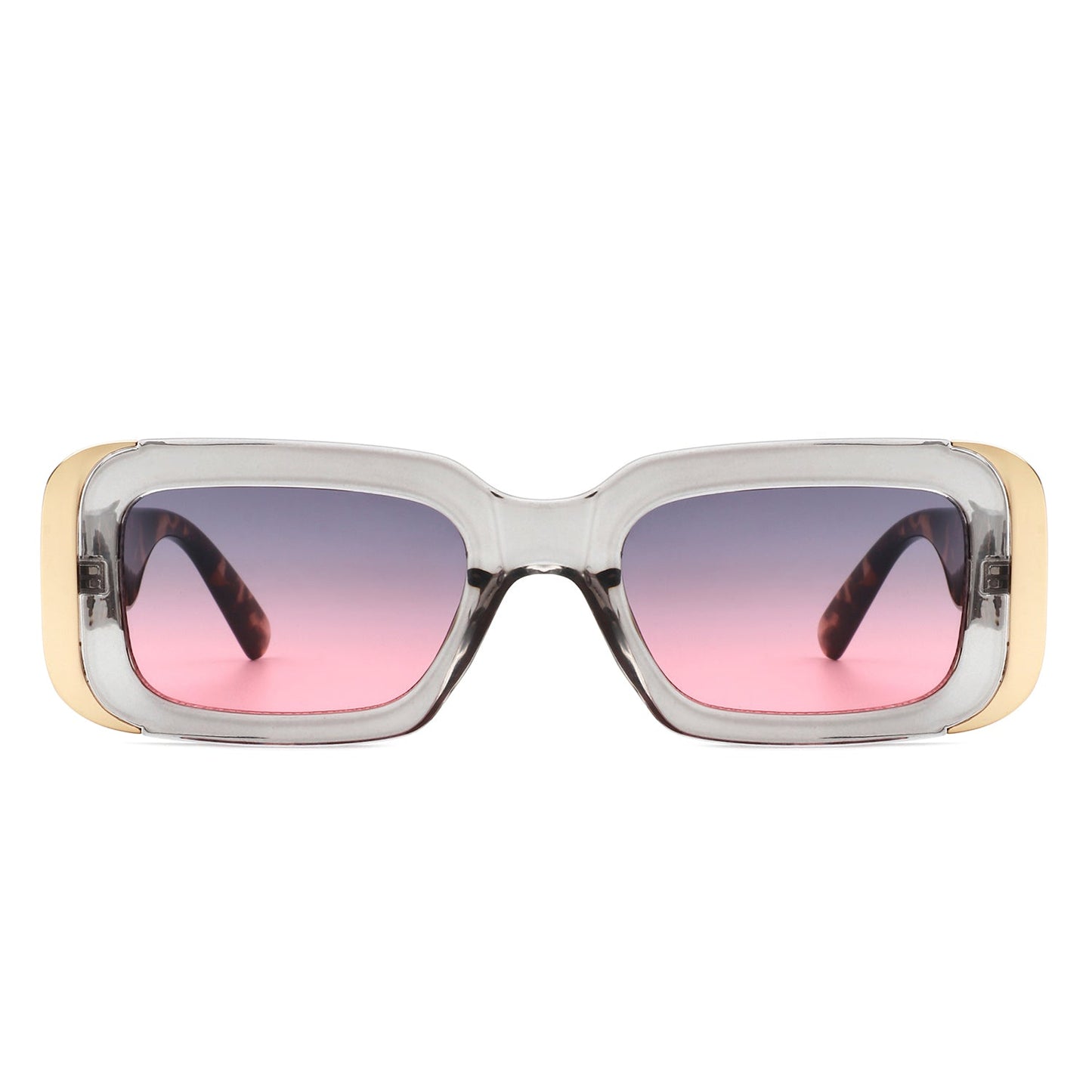 Cramilo Eyewears Quixotic sunglasses feature rectangular brown tortoise frames with gradient pink lenses and gold corner accents.