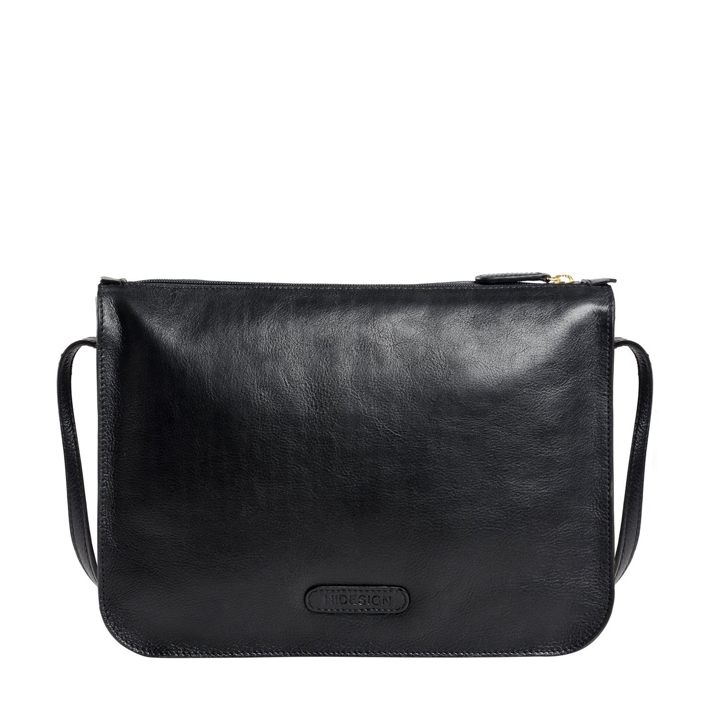The Hidesign Carmel Medium Leather Sling Bag is a black rectangular crossbody bag featuring an adjustable shoulder strap.