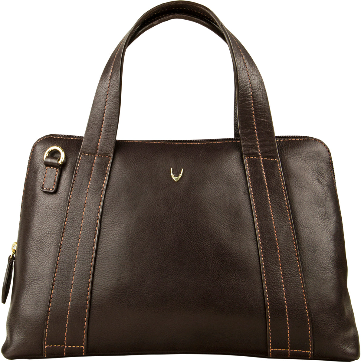 The Hidesign Cerys Leather Satchel is a brown leather handbag with gold hardware, featuring double handles and a detachable shoulder strap.