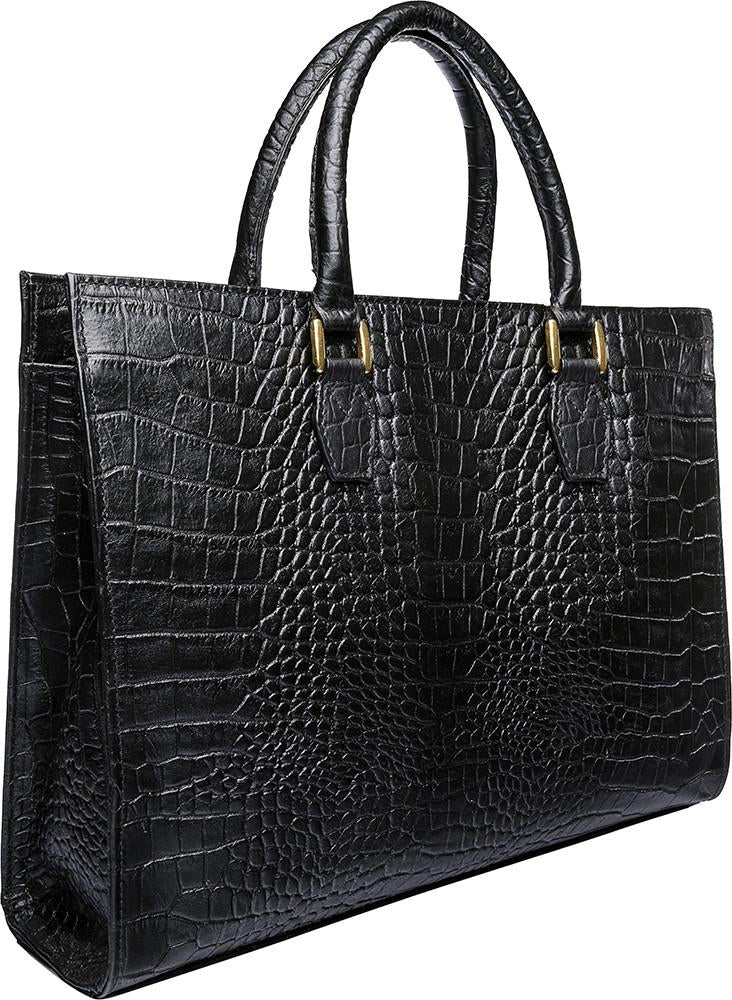 The Kester Elegant Womens Leather Work Bag by Hidesign is a dark brown crocodile-patterned handbag featuring two handles and gold-tone hardware.