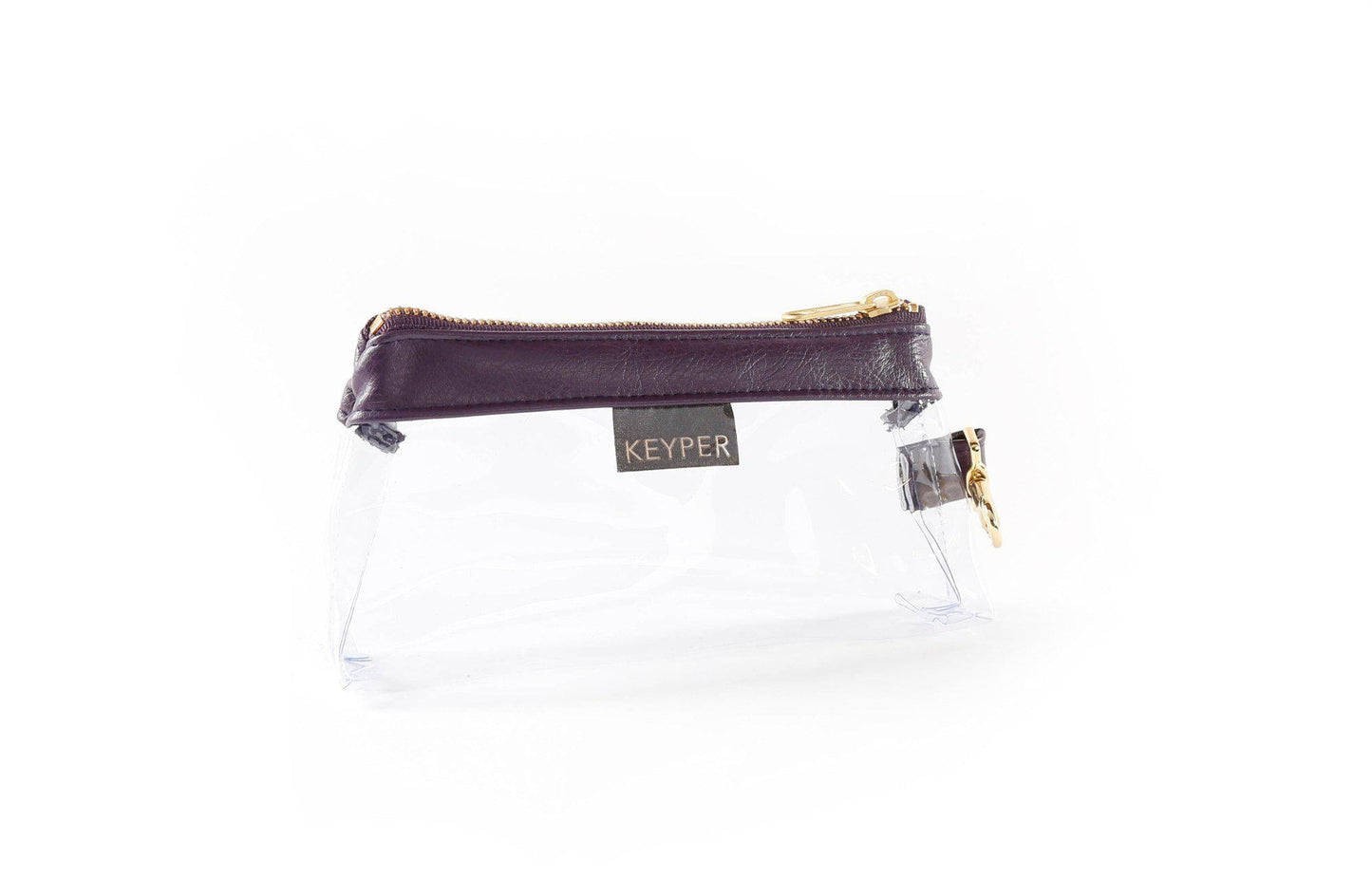 A Pretty Purple Vegan Leather Bag by KEYPER features a gold zipper and strap, showcased on a white background.