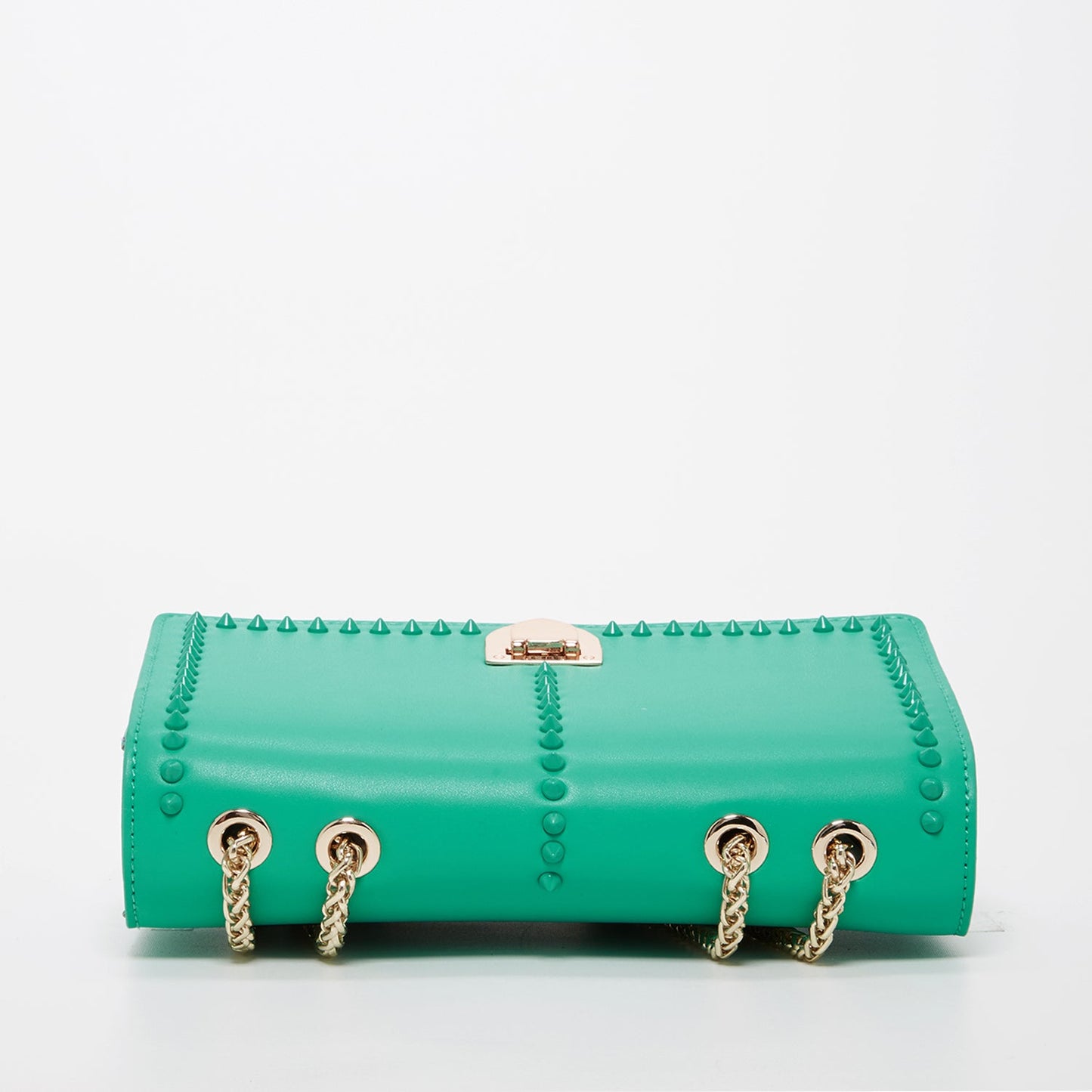 SUSU presents the Josie Green Leather Bag featuring a studded design and a gold chain strap.
