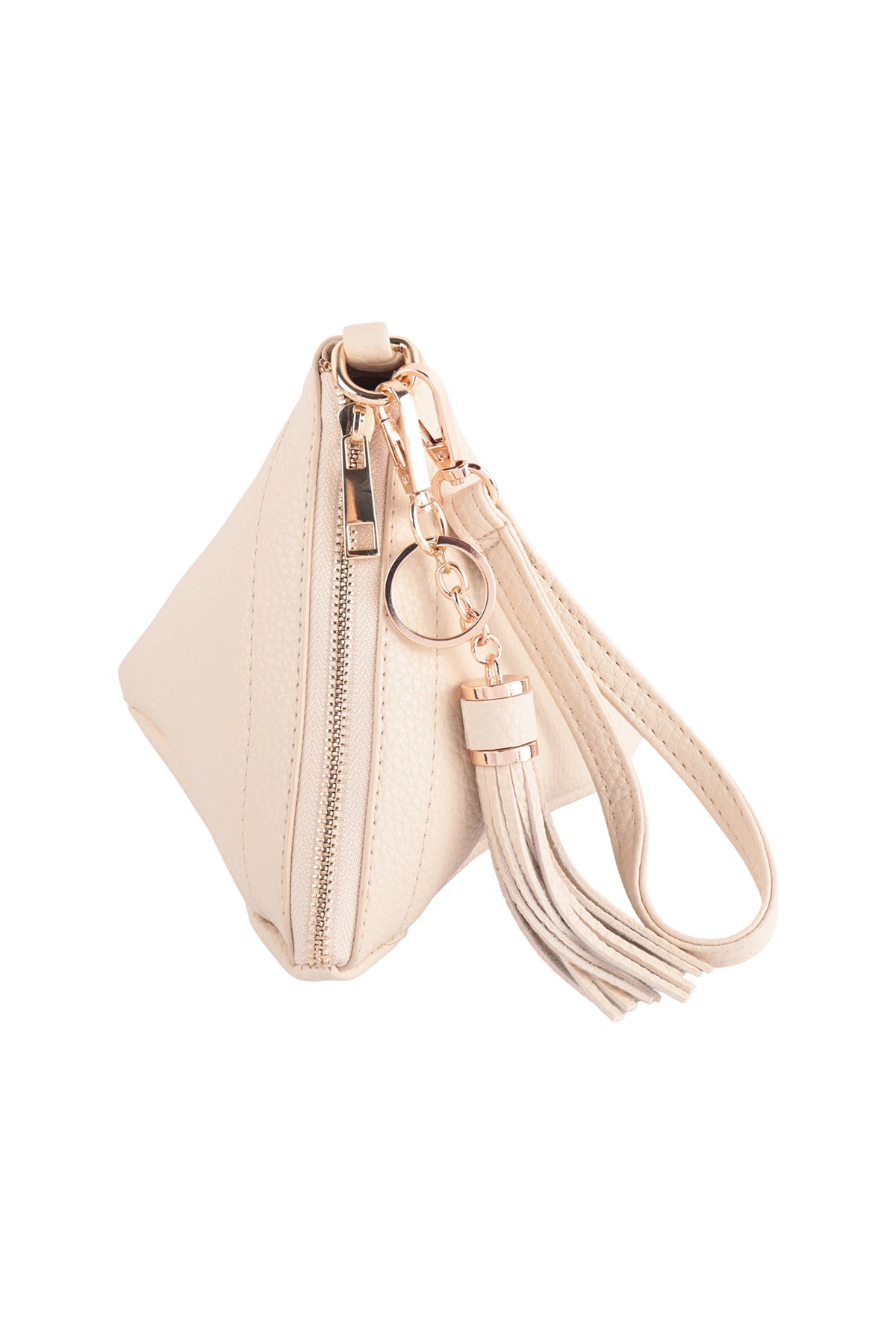 A person in a white shirt and jeans is holding the Riah Fashion Pyramid Shape Tassel Wristlet Leather Bag in orange.