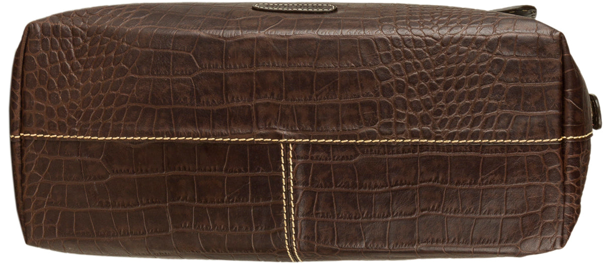 The Hidesign Womens Leather Laptop Work Bag is a brown leather handbag with a crocodile pattern, featuring a flap closure, double handles, and an adjustable shoulder strap.