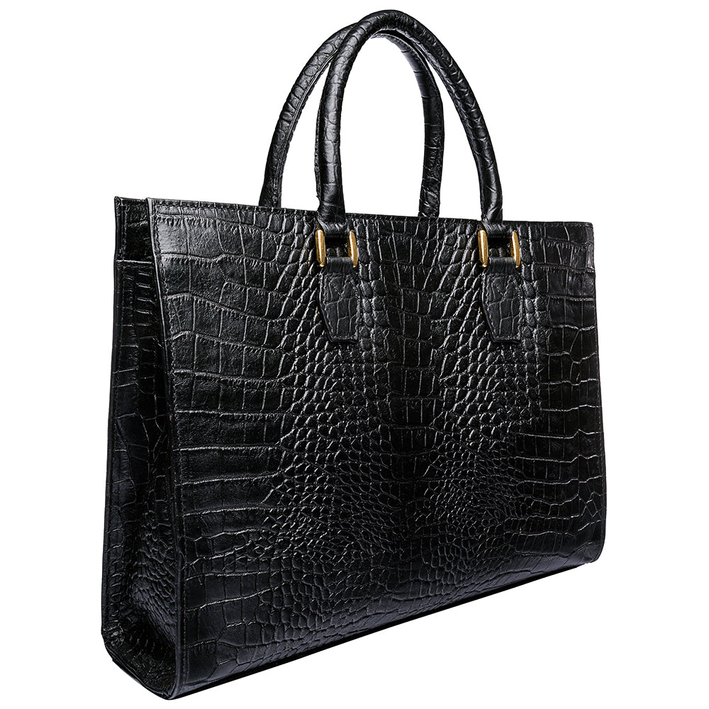 Hidesign Kester Womens Work Bag: a black crocodile-pattern leather handbag featuring two handles and gold-tone hardware.