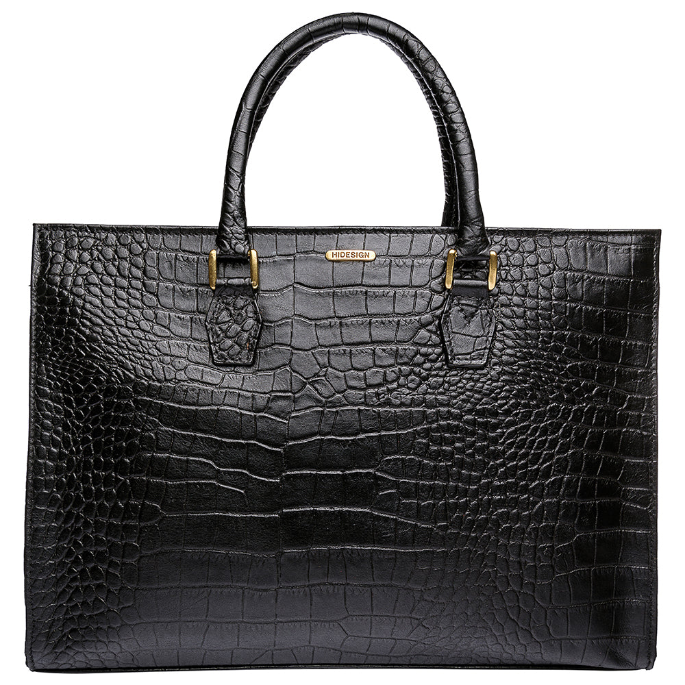 Hidesign Kester Womens Work Bag: a black crocodile-pattern leather handbag featuring two handles and gold-tone hardware.