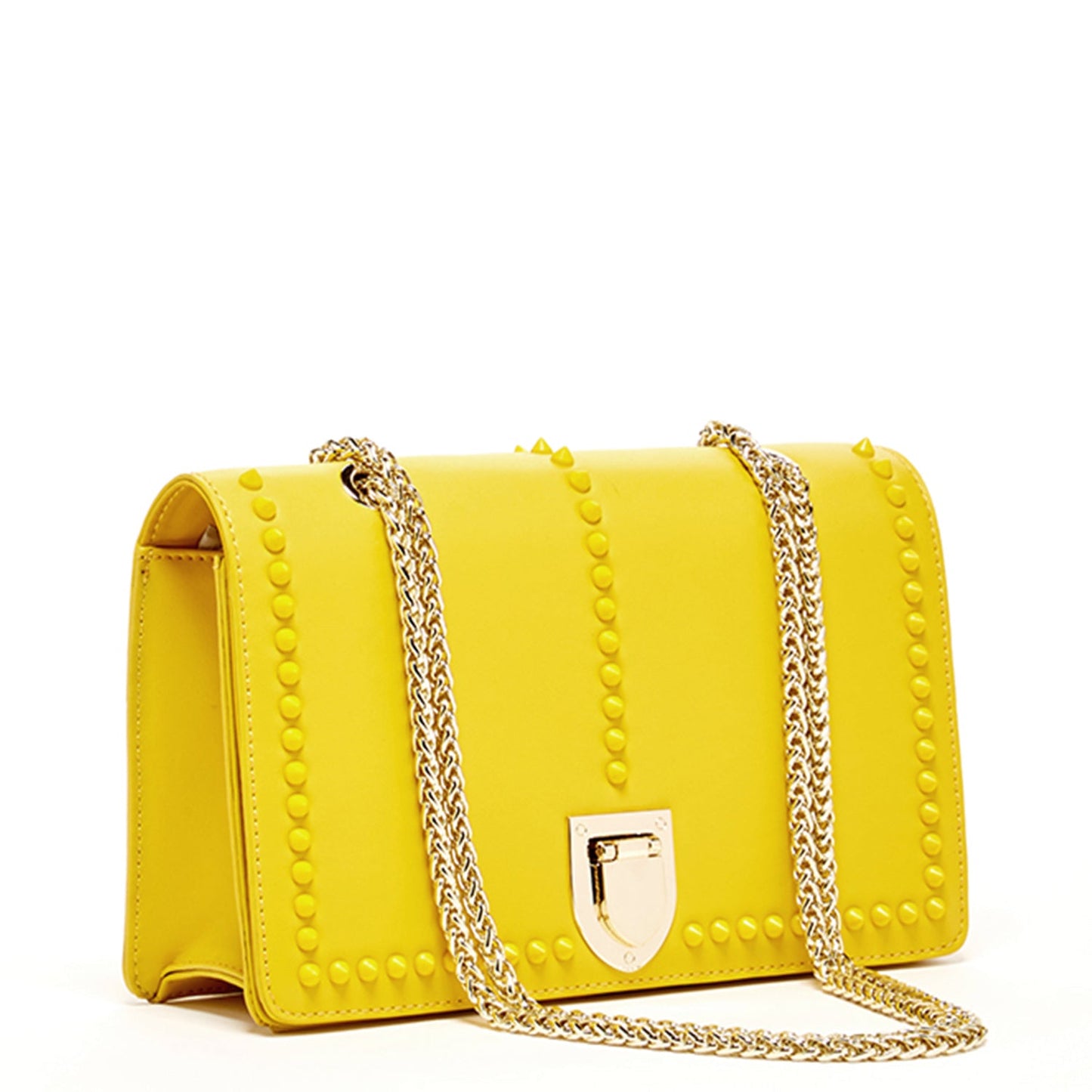 The SUSU Josie Mustard Yellow Leather Purse features gold chain straps, a clasp, and a front row of small studs.