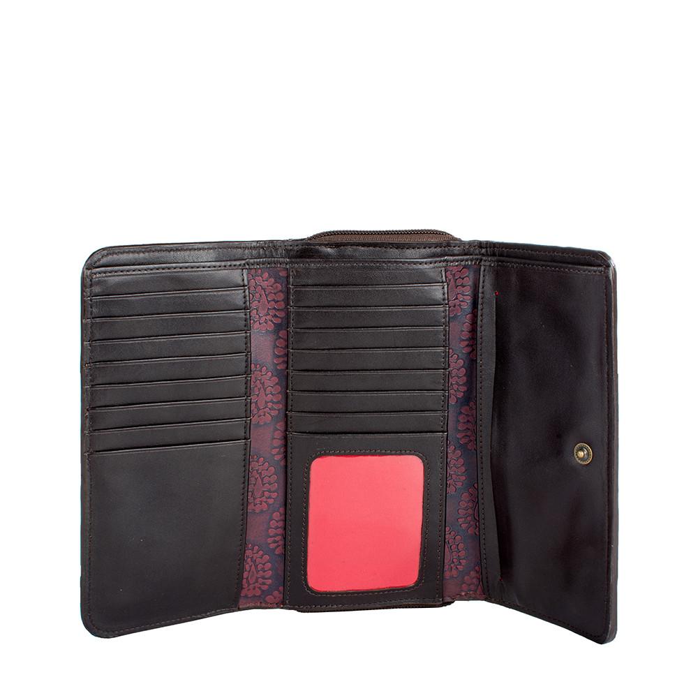 The Hidesign Baga RFID Blocking Trifold Leather Wallet offers a colorful patchwork design with red, green, and orange patterns.