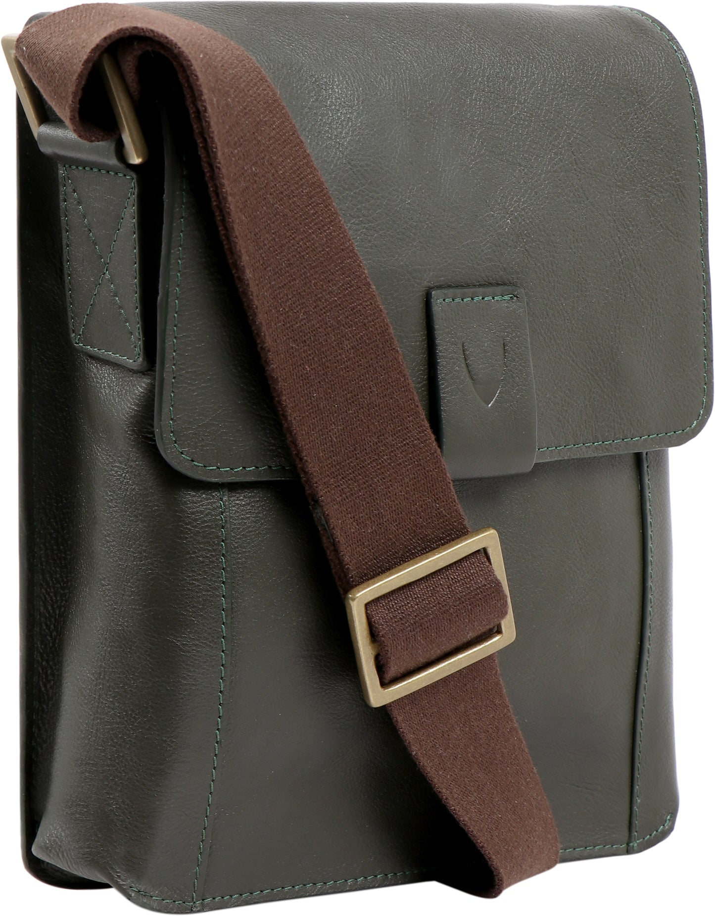 The Aiden Genuine Leather Mini Crossbody by Hidesign is a brown leather shoulder bag featuring a flap cover and an adjustable fabric strap with a brass buckle.