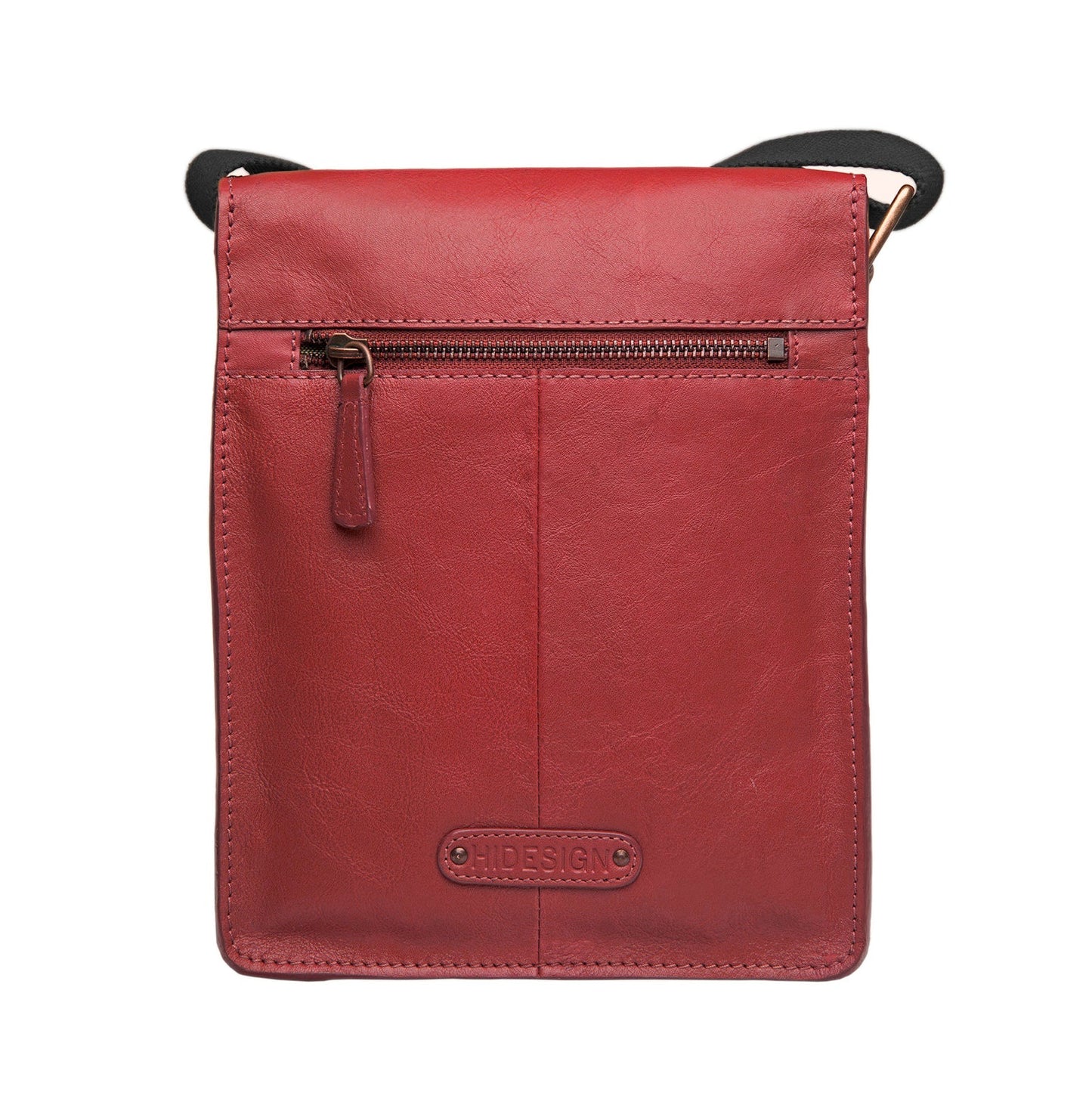 The Aiden Genuine Leather Mini Crossbody by Hidesign is a brown leather shoulder bag featuring a flap cover and an adjustable fabric strap with a brass buckle.
