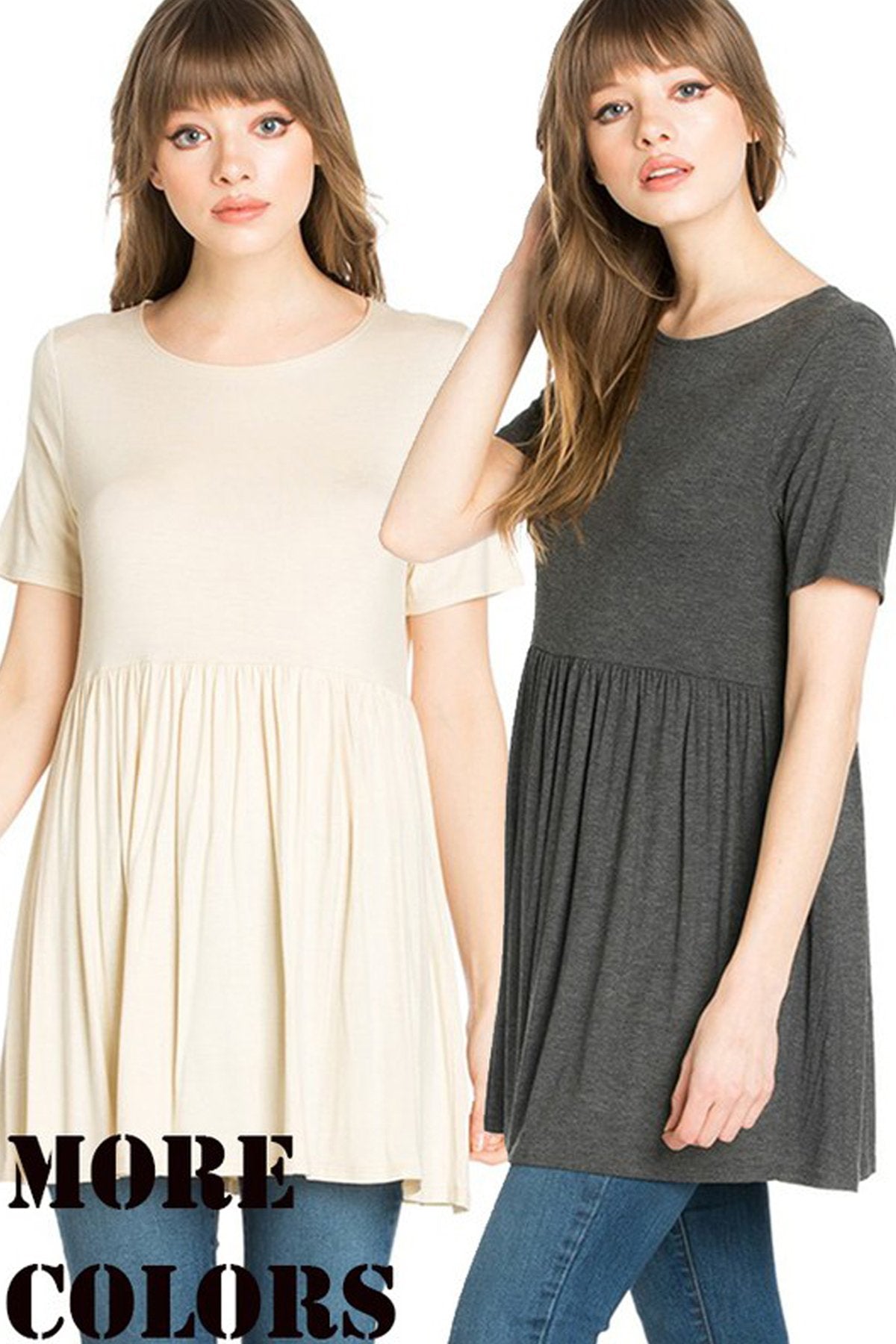 A woman stands outdoors wearing a beige Riah Fashion Short Sleeve Empire Waist Tunic paired with a long necklace.