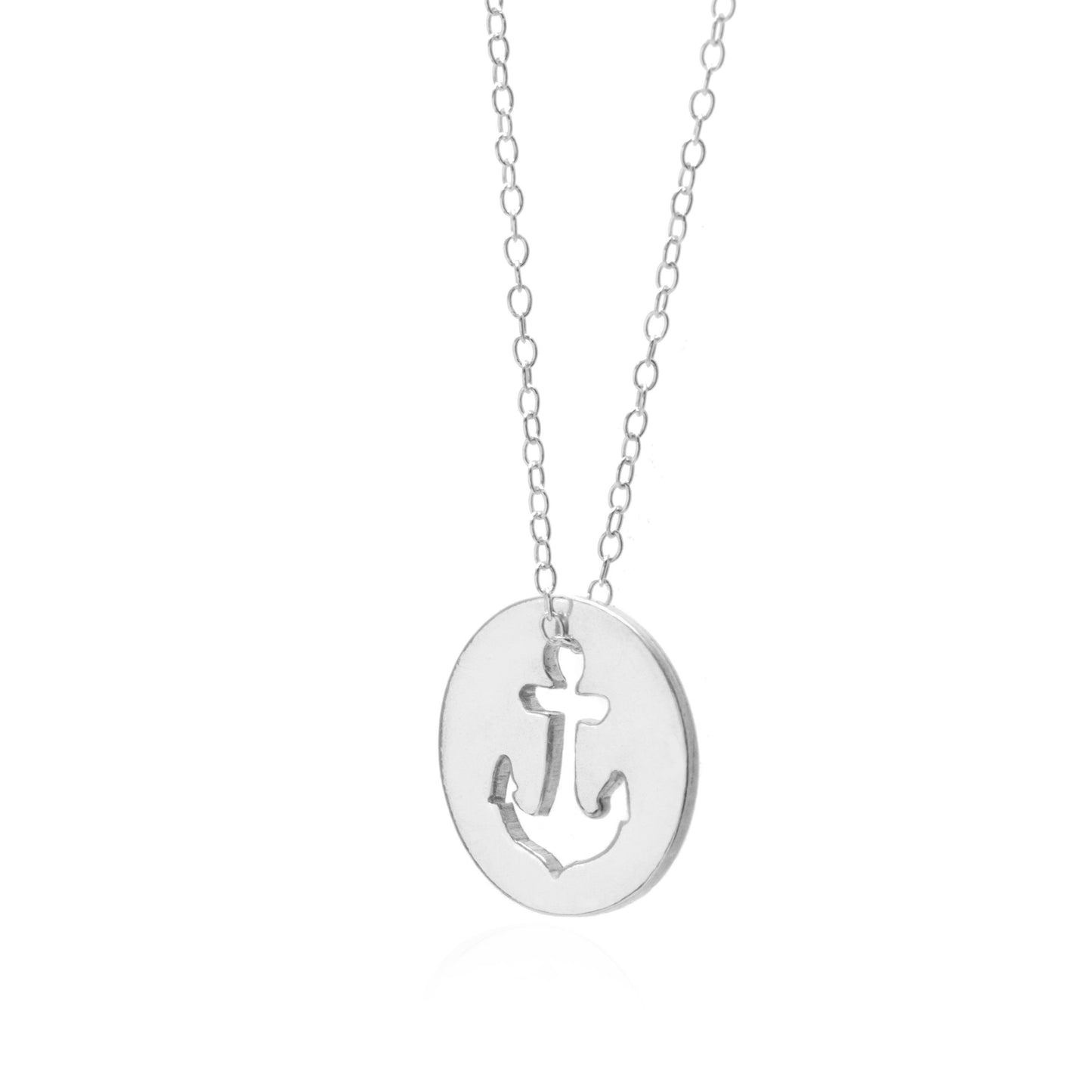 Sincerely Silvers Anchor Necklace is a sterling silver piece showcasing a circular pendant with a cut-out anchor design.