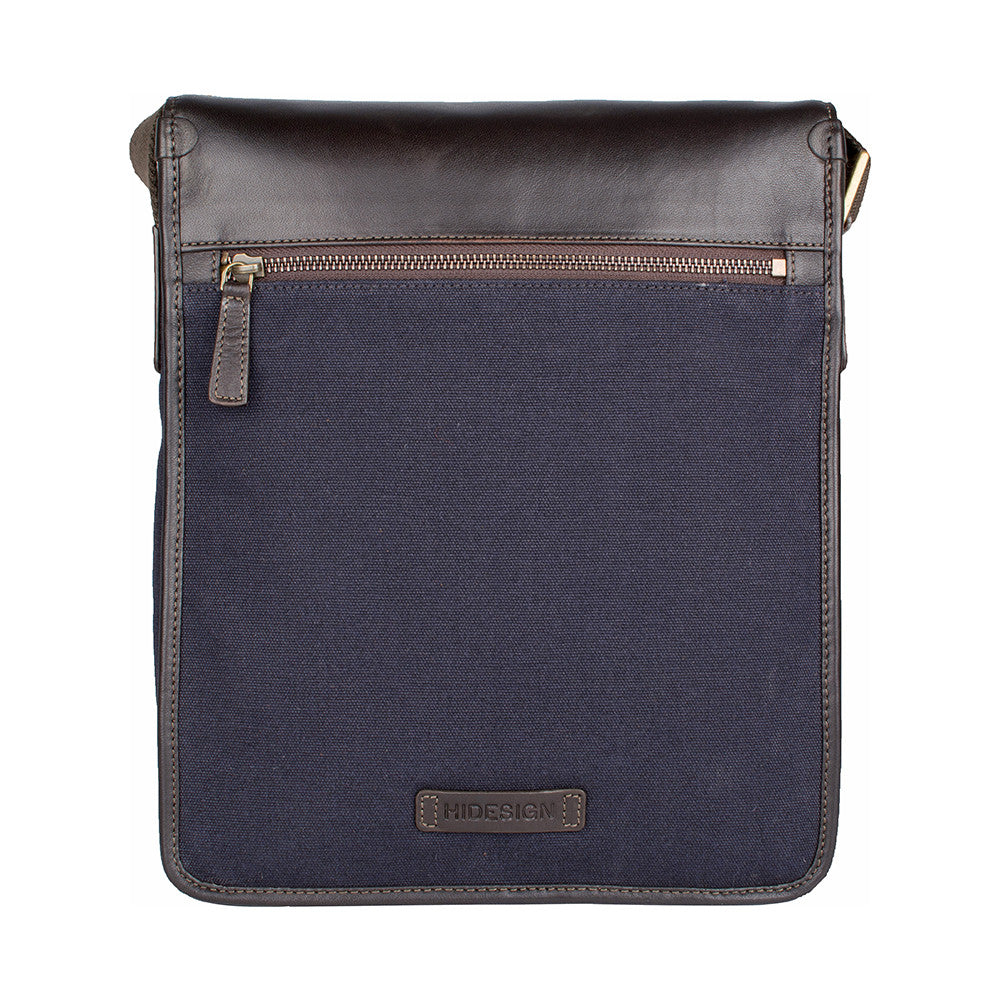 The Aiden Hidesign Blue Genuine Leather and Canvas Crossbody Bag features an adjustable strap and buckle, perfect for men or women as a shoulder, messenger, or travel bag that fits a 10.5 iPad.