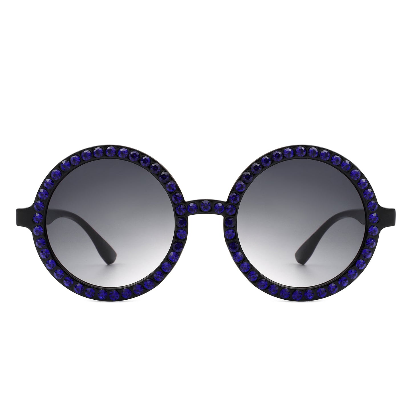 Round sunglasses by Cramilo Eyewear, Dreamwey model, featuring rhinestone-studded white frames with dark lenses.