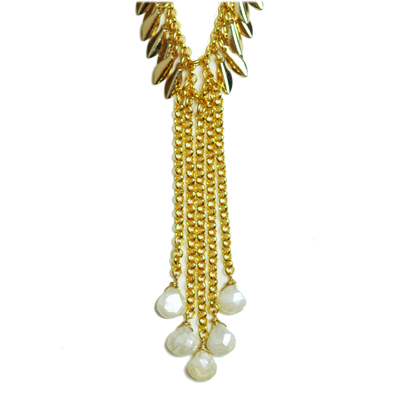The White Silverite Droplet Necklace by Gena Myint features spike-shaped charms and dangling chains, finished with pearl-like beads.