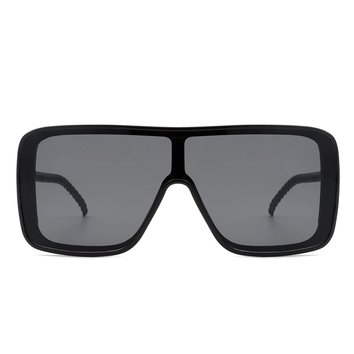 Cramilo Eyewears Wildwind sunglasses feature a black-gray square frame with a retro flat top, gradient blue lenses, and chain-like arms.