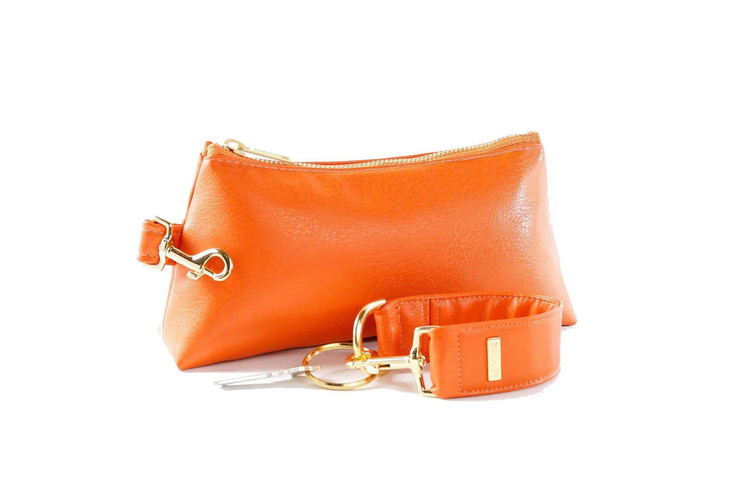 The KEYPER Persimmon Vegan Leather 2-Piece Wristlet Set features a clutch bag with a gold zipper, detachable strap, and small gold keychain.