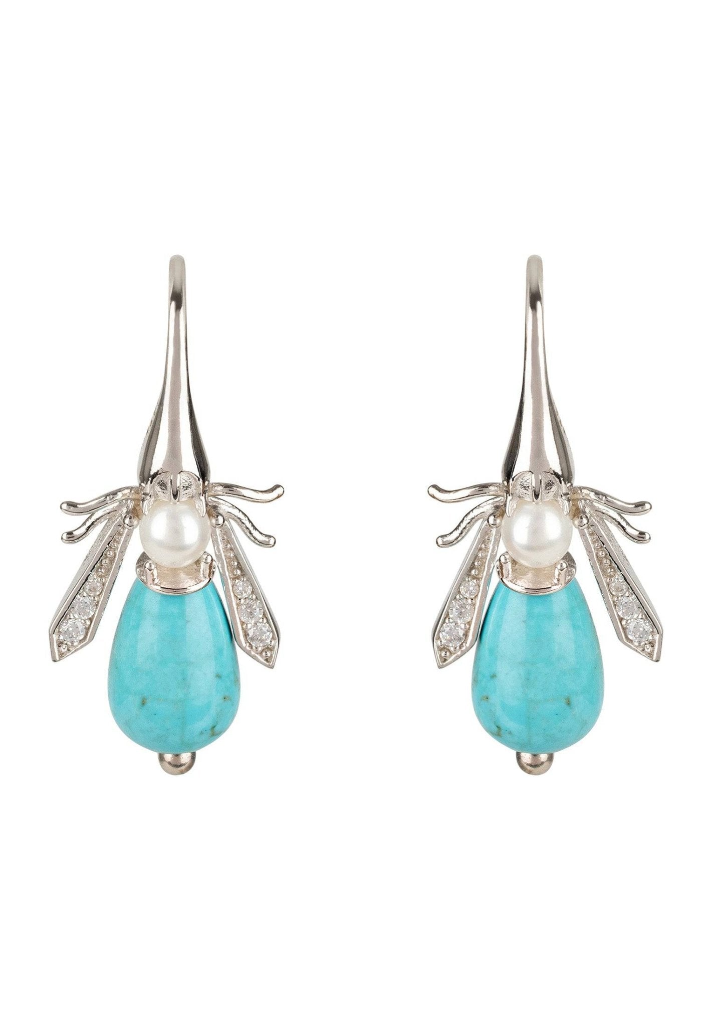 LATELITAs Turquoise Honey Bee Earrings feature a silver design with turquoise bodies and pearl accents.