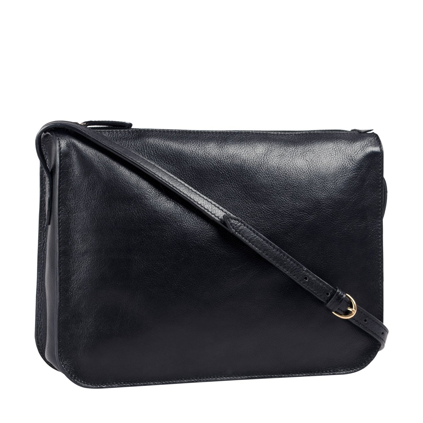 The Hidesign Carmel Medium Leather Sling Bag is a black rectangular crossbody bag featuring an adjustable shoulder strap.