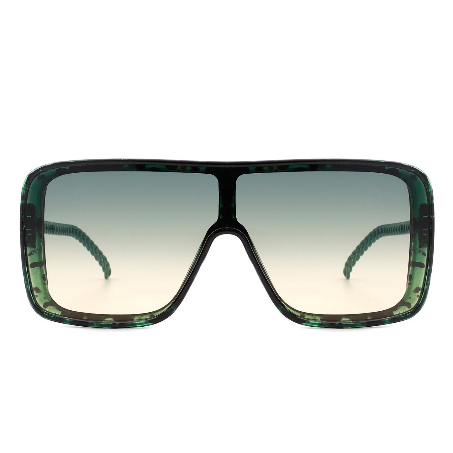Cramilo Eyewears Wildwind sunglasses feature a black-gray square frame with a retro flat top, gradient blue lenses, and chain-like arms.