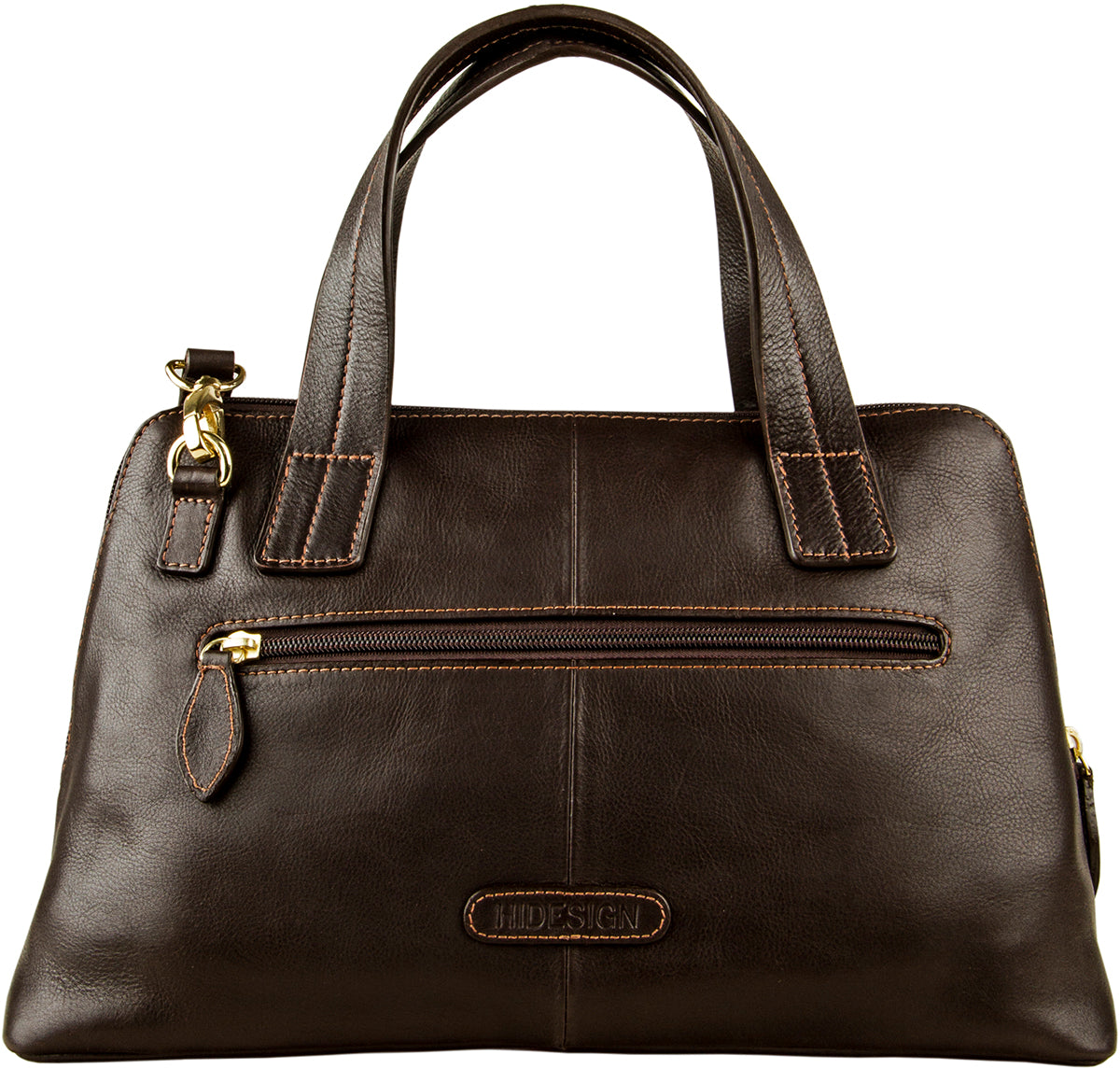 The Hidesign Cerys Leather Satchel is a brown leather handbag with gold hardware, featuring double handles and a detachable shoulder strap.