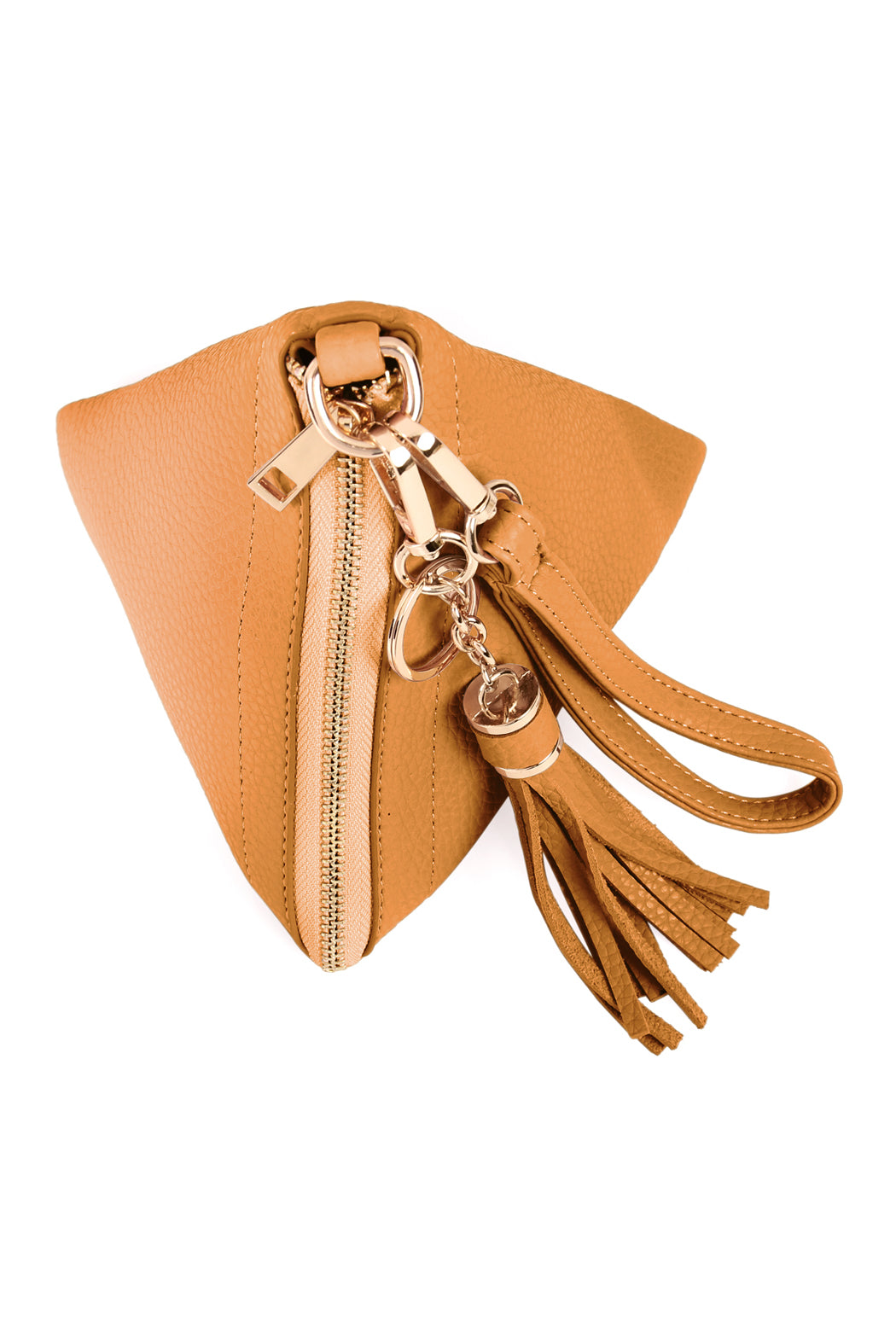 A person in a white shirt and jeans is holding the Riah Fashion Pyramid Shape Tassel Wristlet Leather Bag in orange.