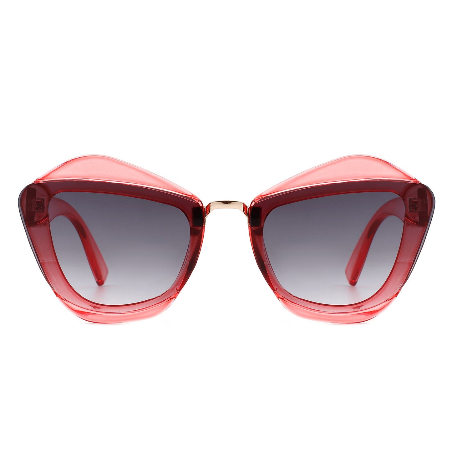A pair of Infernia sunglasses by Cramilo Eyewear with a square, irregular cat eye frame design in translucent orange and dark tinted lenses.