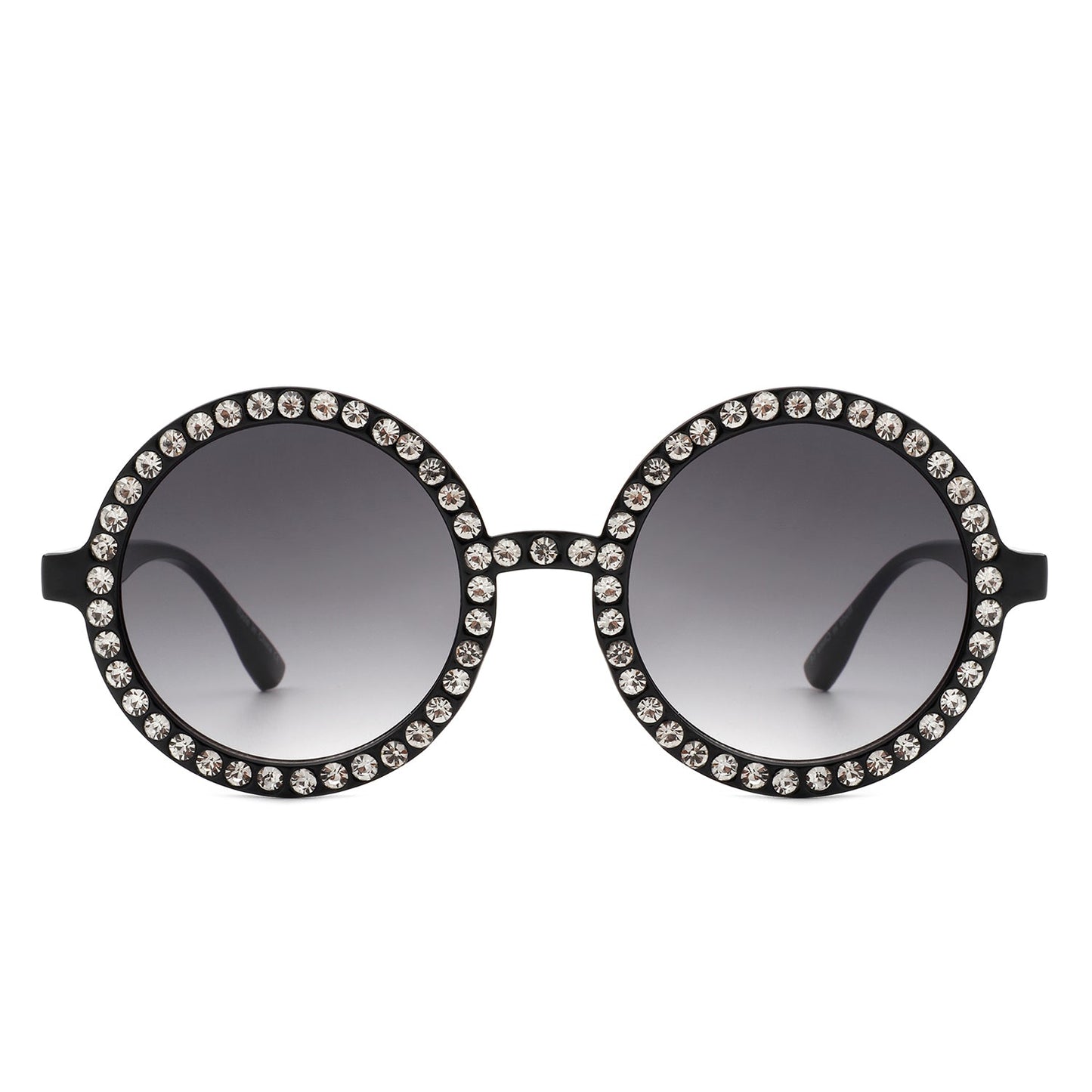 Round sunglasses by Cramilo Eyewear, Dreamwey model, featuring rhinestone-studded white frames with dark lenses.