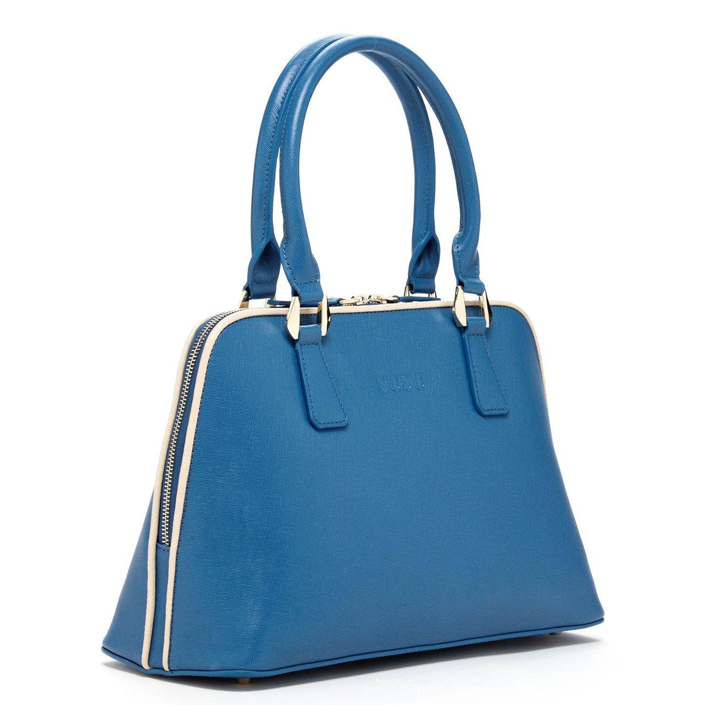 Melissa Blue Saffiano Leather Satchel Bag with two handles, zip closure, and SUSU embossed on the front.