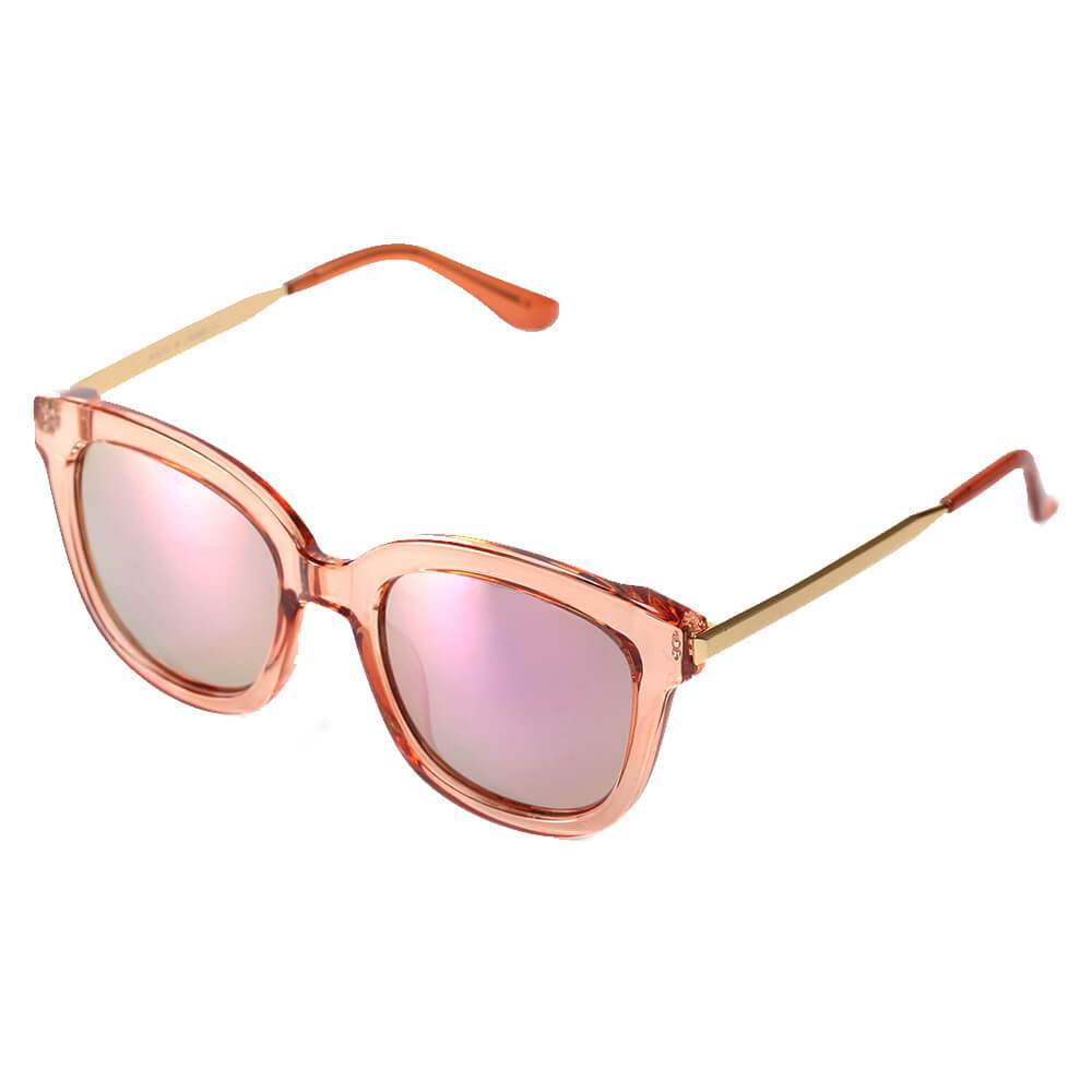 The DEKALB Womens Oversize sunglasses by Cramilo Eyewear feature floral rims, thin gold arms, and silver mirrored lenses.