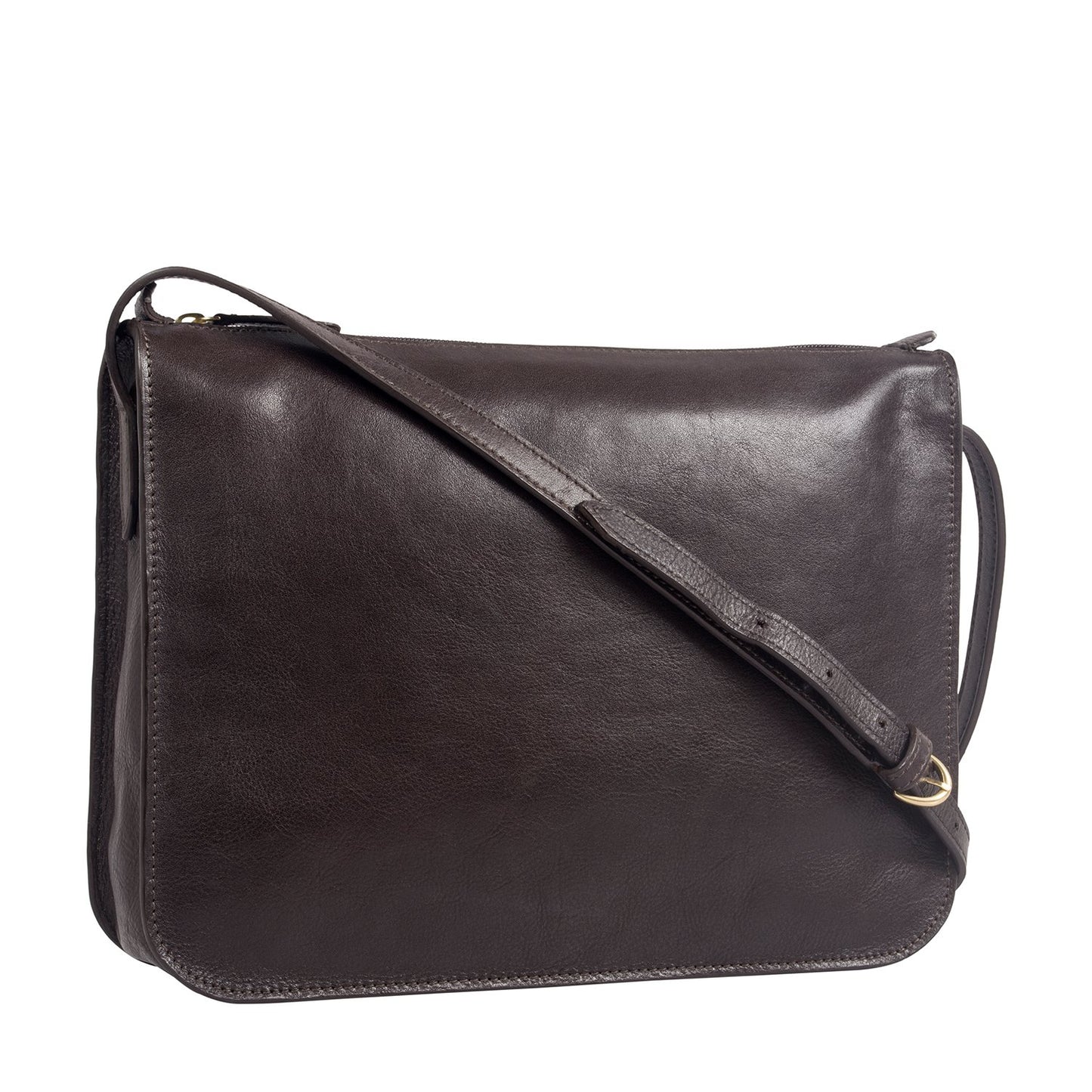 The Hidesign Carmel Medium Leather Sling Bag is a black rectangular crossbody bag featuring an adjustable shoulder strap.