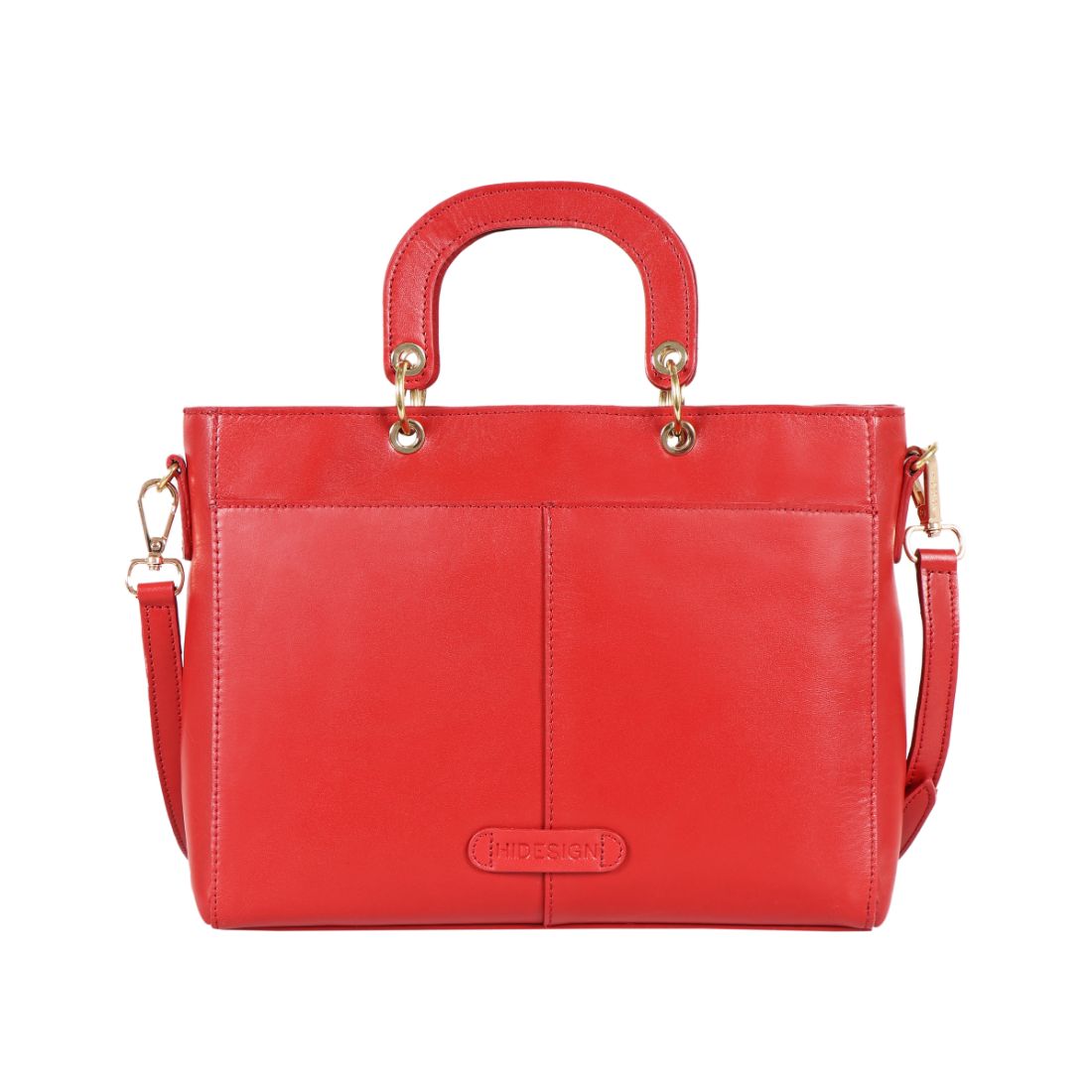 The Hidesign Life New Womens Leather Handbag is a red satchel with dual top handles, a detachable shoulder strap, gold-tone hardware, and the brand logo on the front.