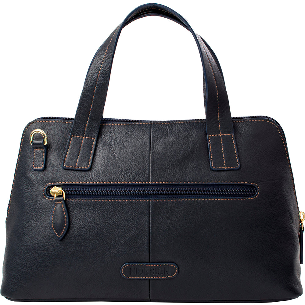 The Hidesign Cerys Leather Satchel features black leather, double handles, gold accents, and visible stitching.