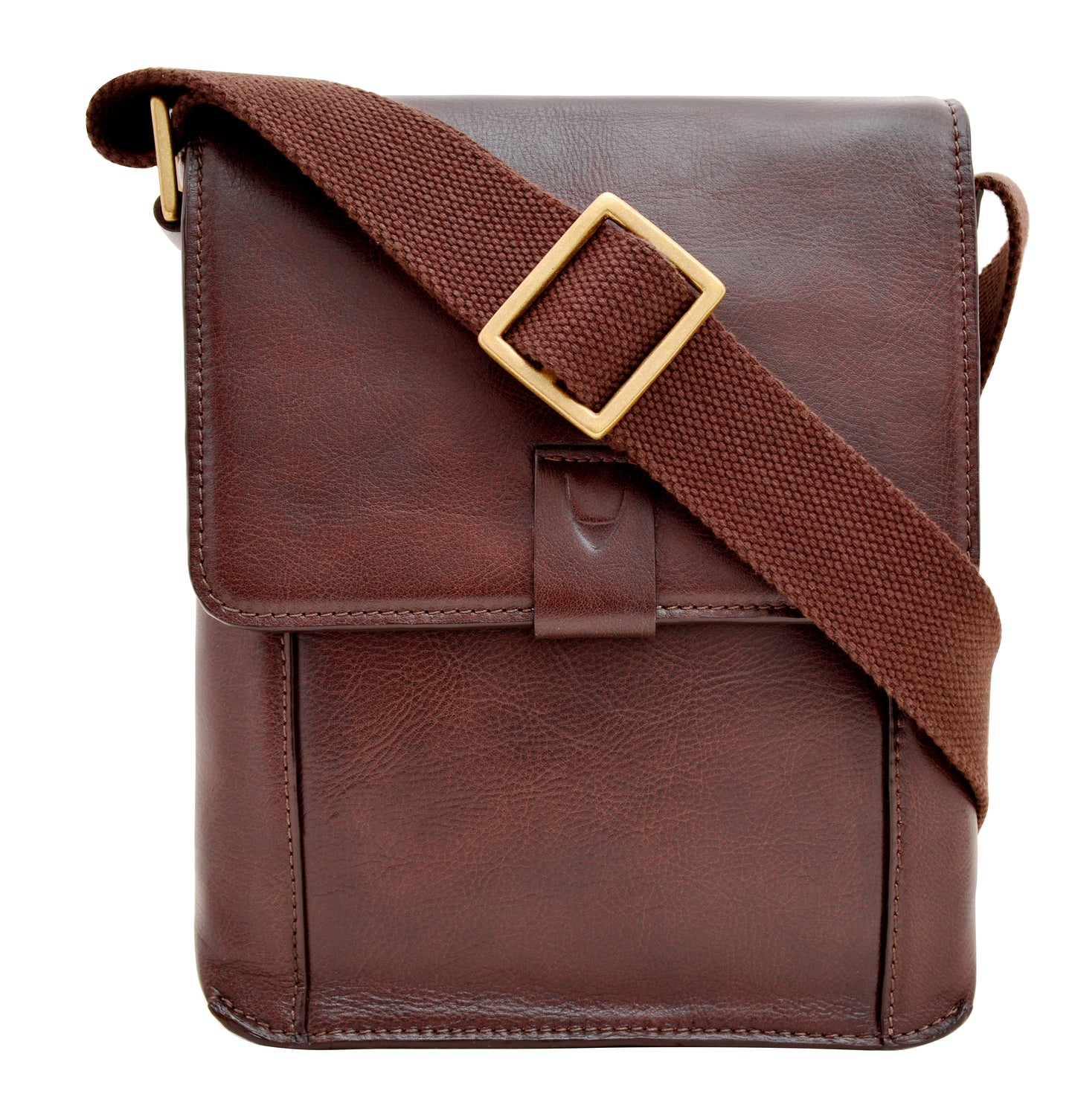 The Aiden Small Leather Messenger Cross Body Bag by Hidesign is a brown leather bag with a flap closure, featuring a dark brown adjustable strap and gold-tone buckles.